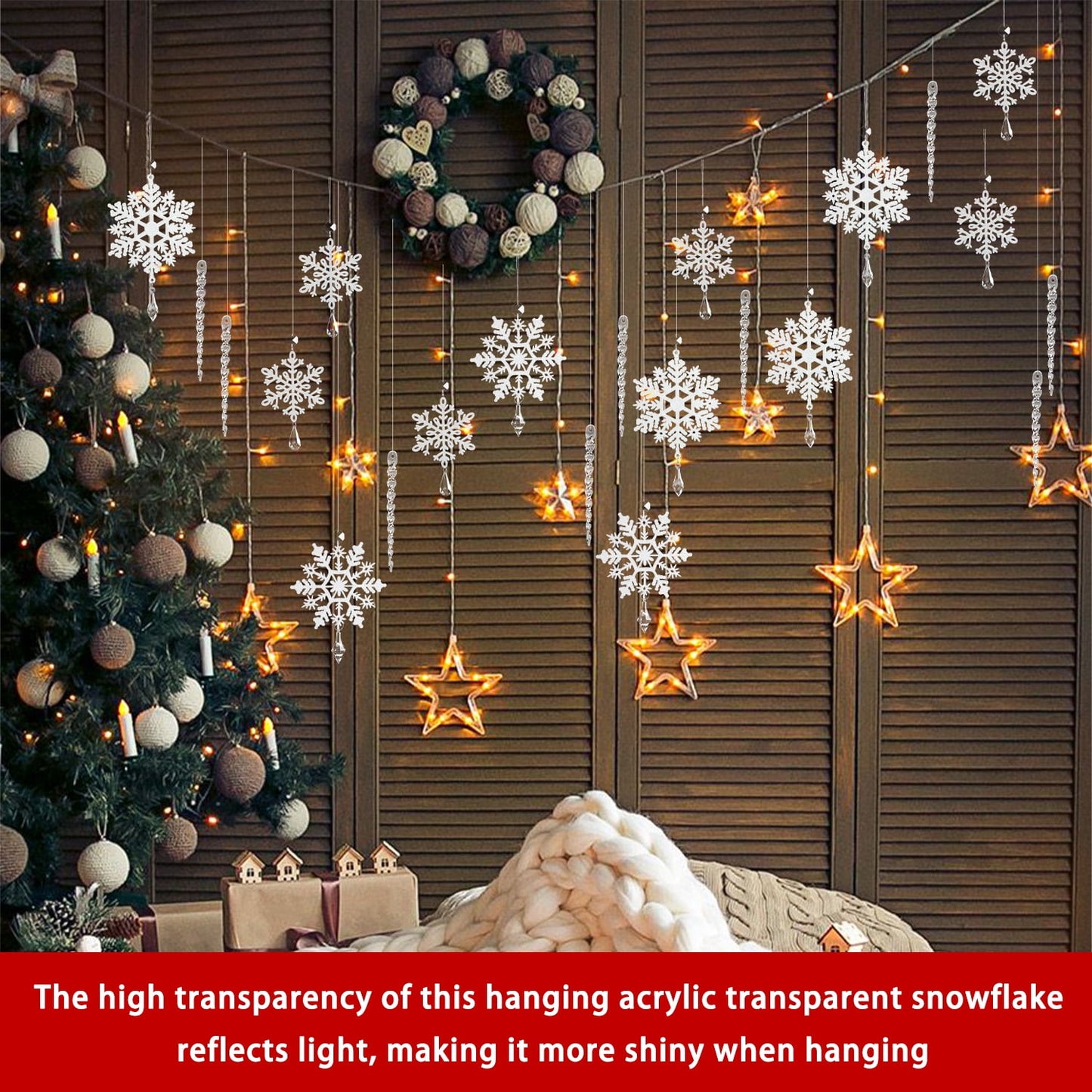 Ayieyill 24 Pieces Christmas Snowflake Drop Ornament Acrylic Icicle Christmas Hanging