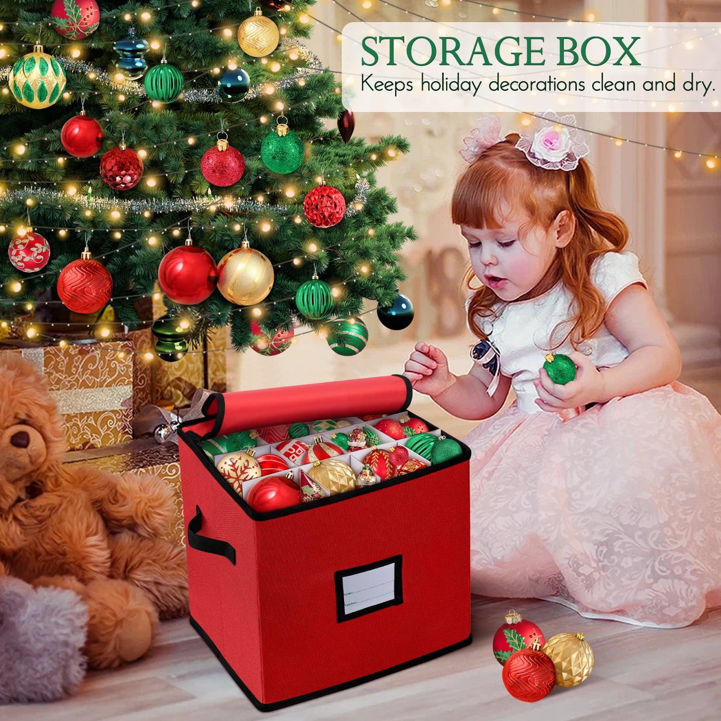 Ayieyill Premium Red Christmas Ornament Storage Chest, Ornament Storage Box Ornament Organizer Holds 64 Balls w/ Dividers , (L) 12''x (W) 12''x (H) 12''