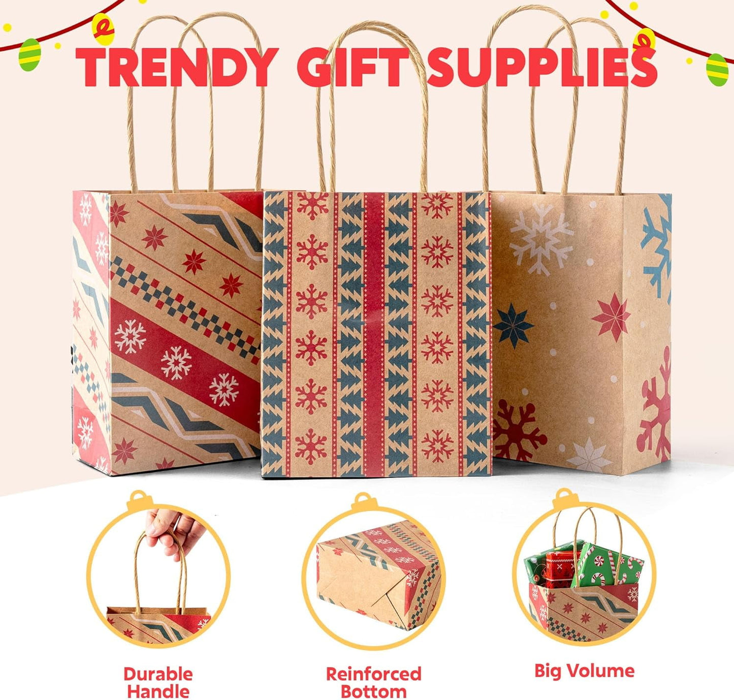 Ayieyill 12pcs Christmas Kraft Gift Bags with Handle, Christmas Paper Gift Treat Bags Bulk, Goodie Bags for Holiday Decor