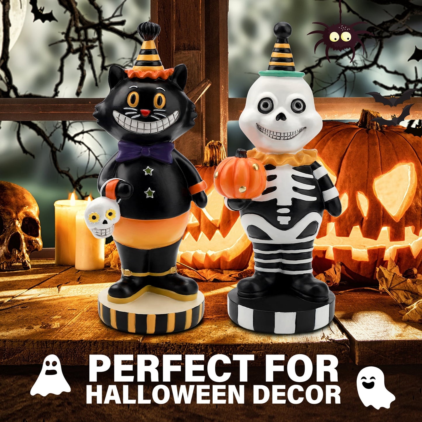 Ayieyill 2pcs Halloween Cat and Skeleton Figurines Halloween Decorations for Table or Desk Cute Halloween Gifts