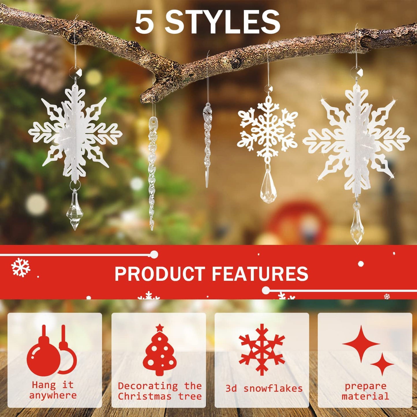 Ayieyill 24 Pieces Christmas Snowflake Drop Ornament Acrylic Icicle Christmas Hanging