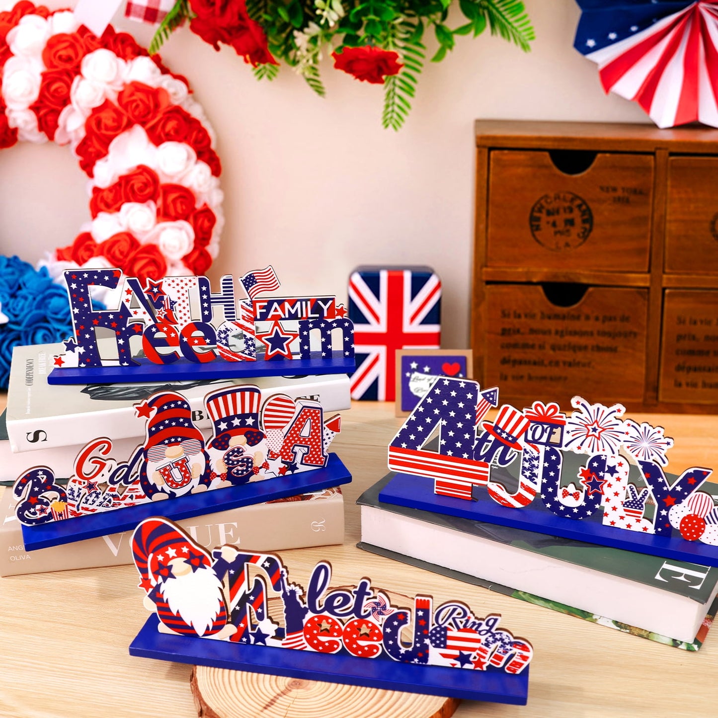 Ayieyill 4th of July Decor Table Decoration, 4 Pcs Wooden Independence Day Party Decor Fourth of July Decorations Patriotic Decorations for House School Classroom