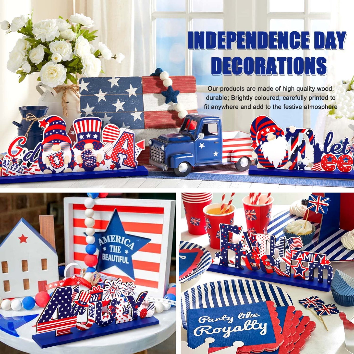 Ayieyill 4th of July Decor Table Decoration, 4 Pcs Wooden Independence Day Party Decor Fourth of July Decorations Patriotic Decorations for House School Classroom