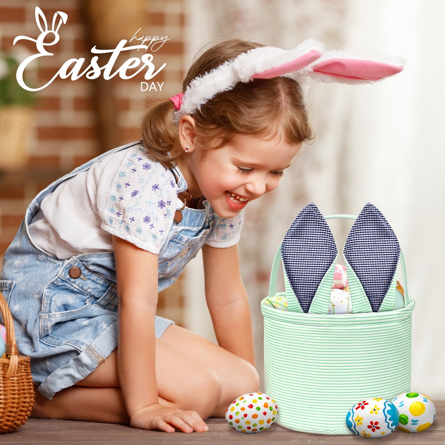 Ayieyill Easter Basket, Easter Bunny Baskets for Kids with Cute Rabbit Ears Stripe, Easter gift baskets