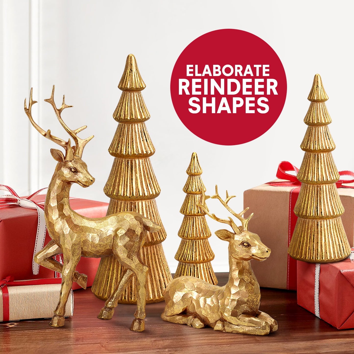 Ayieyill 5PCS Christmas Tree Resin Reindeer Figurines, Tree and Deer Christmas Decor, Deer Decorative Statues Resting Lucky Deer Sculptures(Rose Gold)
