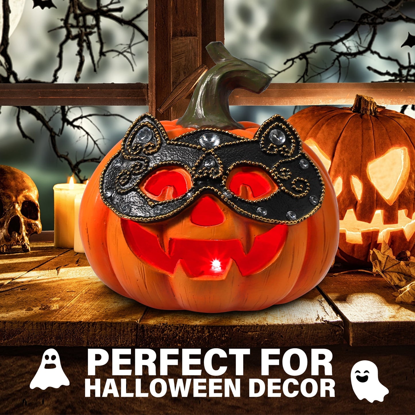 Ayieyill Halloween Pumpkin Decorations Light Up Pumpkin Figurine with Mask Halloween Decor for Home, Red