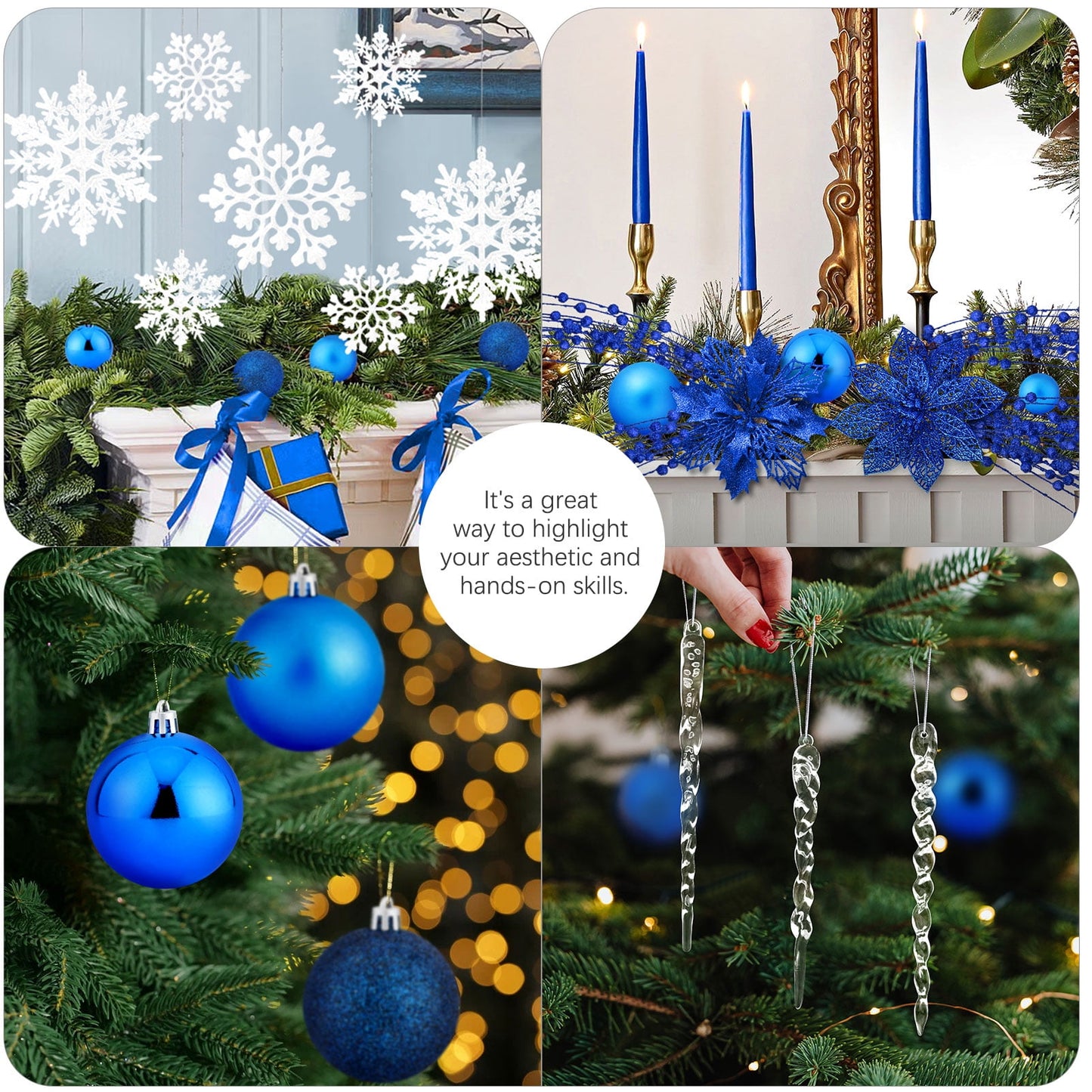 Ayieyill 92Pcs Christmas Tree Decorations Includes Poinsettia Christmas Flowers, Ball Ornaments, Artificial Glitter Berry Stems, Snowflake and Icicle Drop Crystal Ornaments