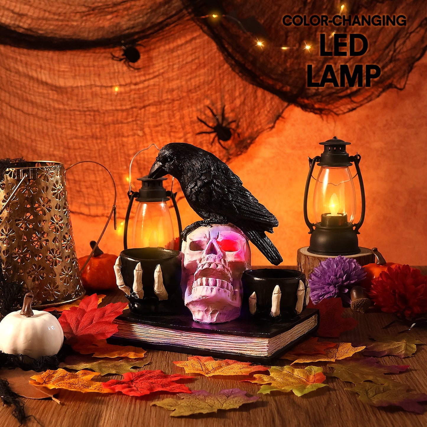 Ayieyill Halloween Skull Decorations with LED Lights, Halloween Candlesticks, Raven Decor, Halloween Decor