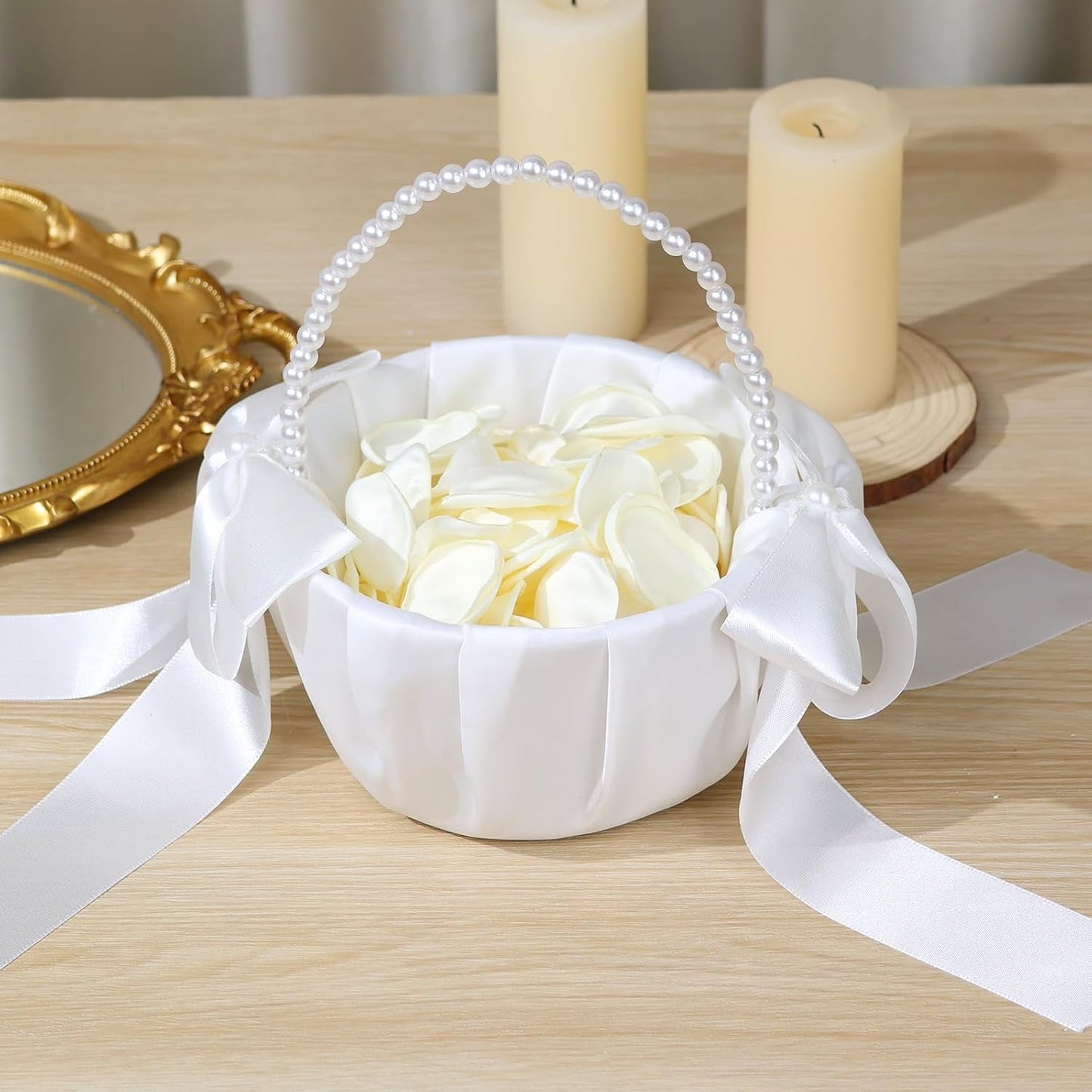 Ayieyill Wedding Baskets for Flower Girls with Pearl Handle Flower Girl Basket for Wedding Party (with 200 Petals)