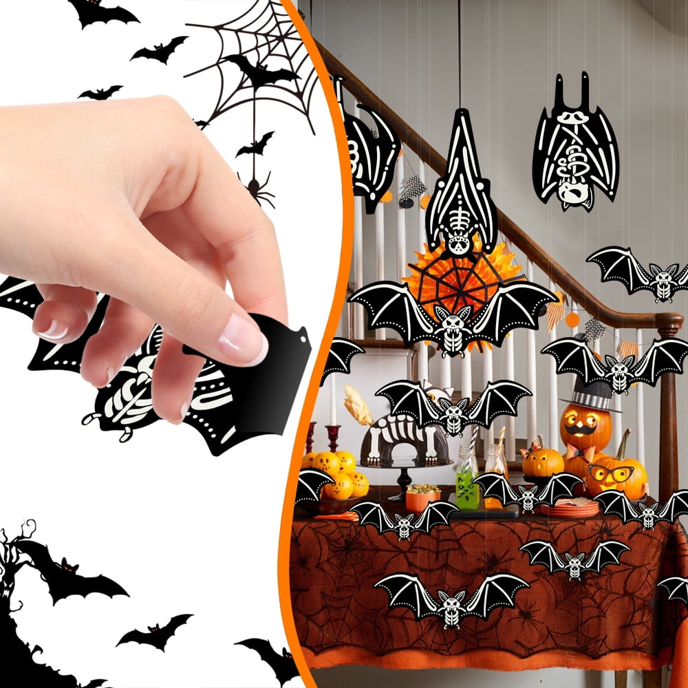 Ayieyill Halloween Hanging Bats Decorations Outdoor, 12pcs 3D Glowing Hanging Flying Bat for Hanging in The Tree, Porch, Yard, Lawn
