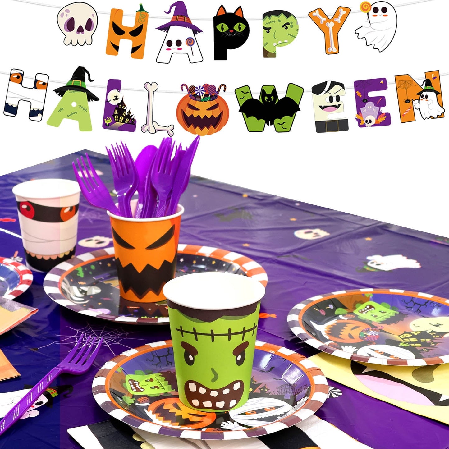 Ayieyill Halloween Party Supplies Set for 24 Guests, 170PCS Halloween Tableware Kit for Party Decoration, Disposable Plates, Cups, Napkins and Tablecloth
