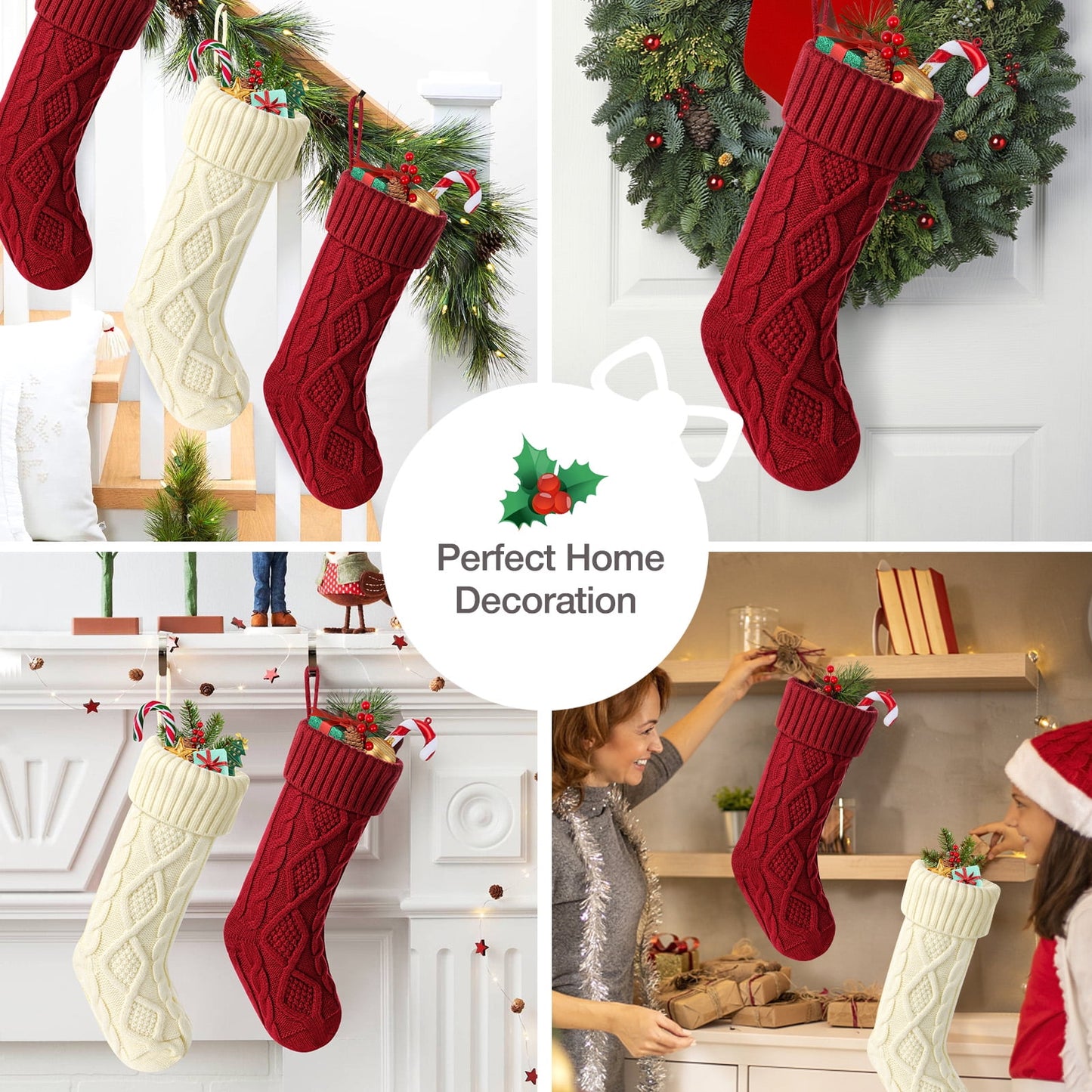 Ayieyill 6 Pcs Christmas Stockings Knitted Xmas Stockings Double-Sided 18 Inches Fireplace Stockings for Family Christmas Decorations