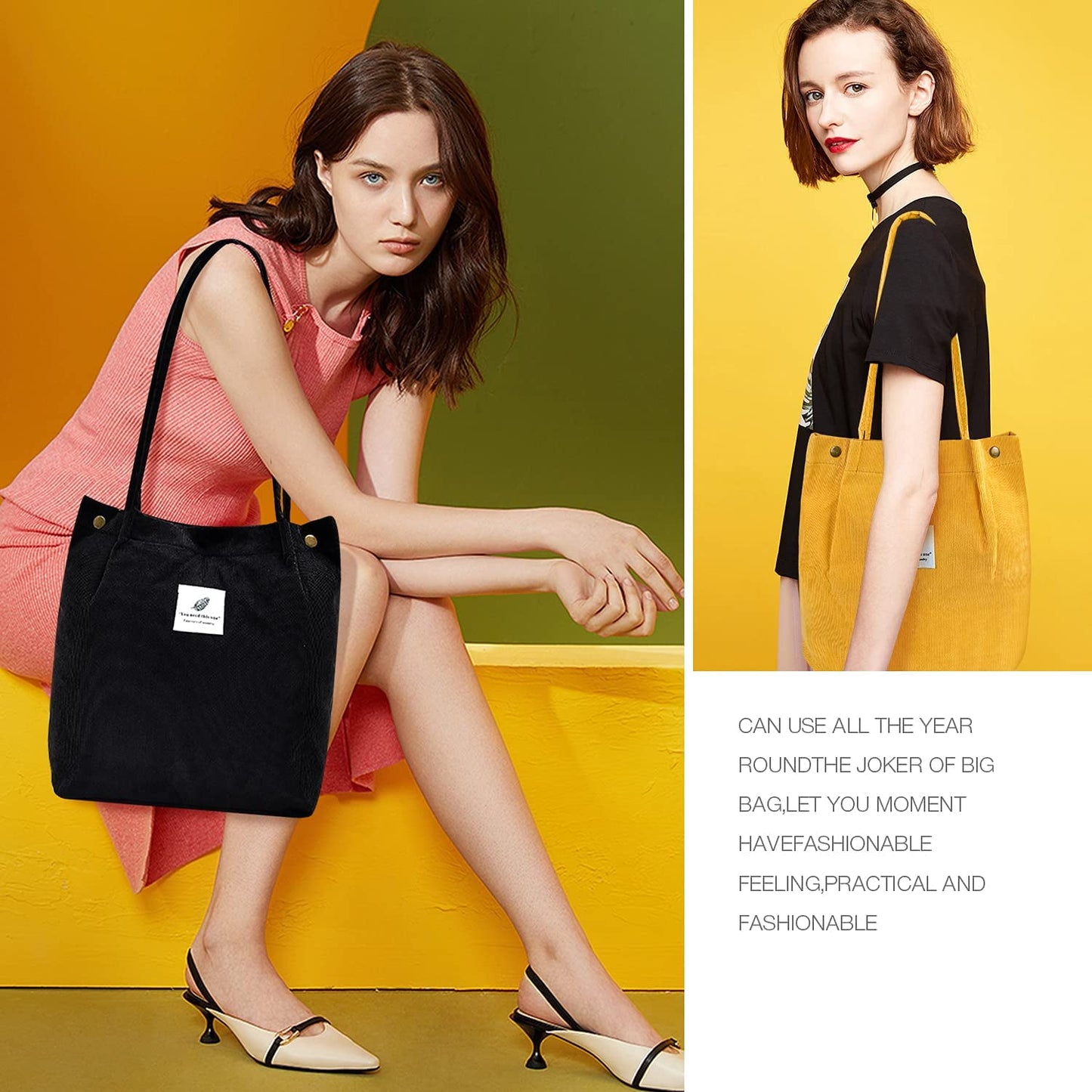 Ayieyill Corduroy Tote Bag Large for Women Girl Lady Canvas Shoulder Cord Purse and Handbags with Inner Pocket