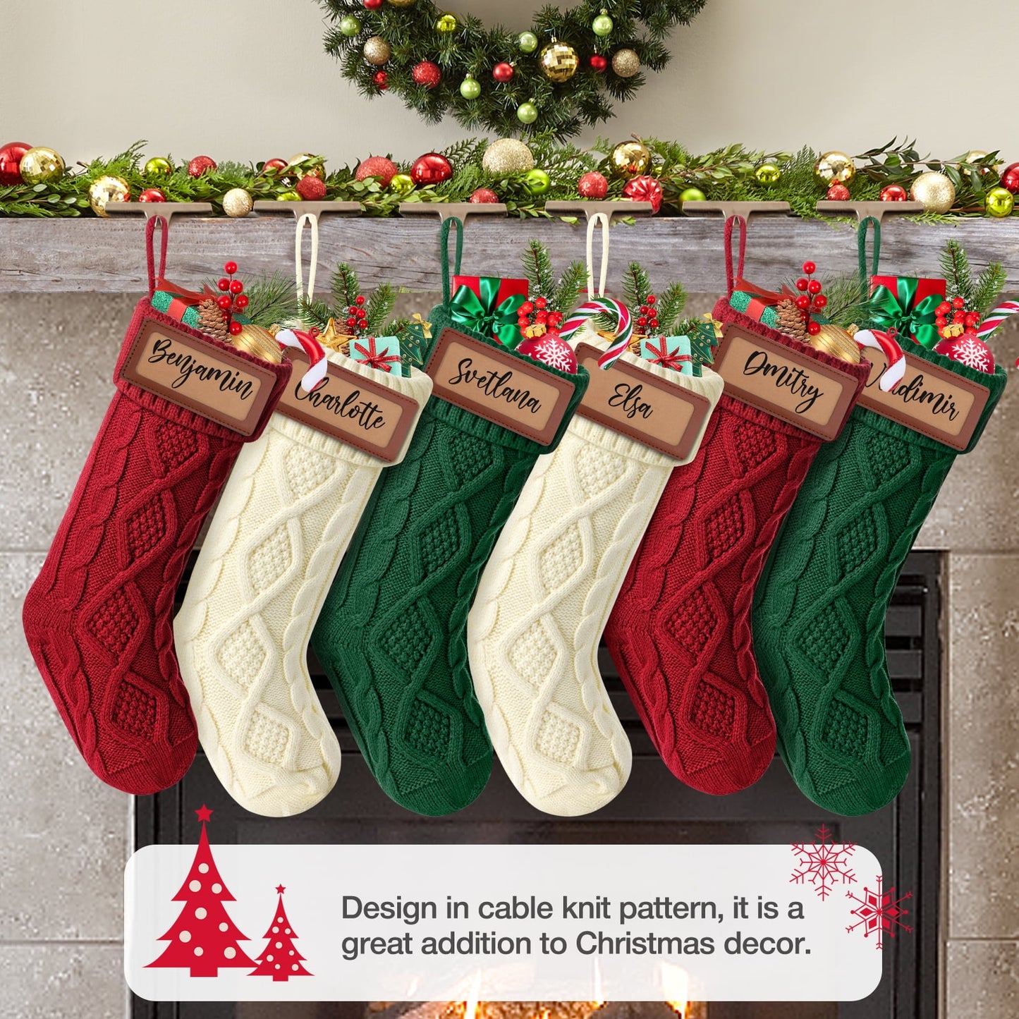 Ayieyill 6Pack Christmas Stockings, 17.7Inches Large Knitted Stocking Personalized Xmas Hanging Stocking Decorations with Name Leather Patches for Holiday Christmas Party Family Decor (Green Red)