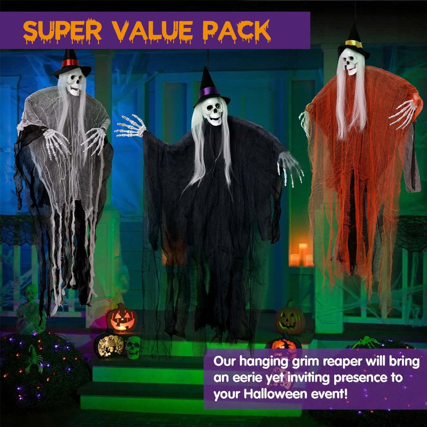 Ayieyill 3pcs Halloween Hanging Ghosts, Halloween Decorations Outdoor Indoor Scary Skeleton Ghosts, Haunted House Props