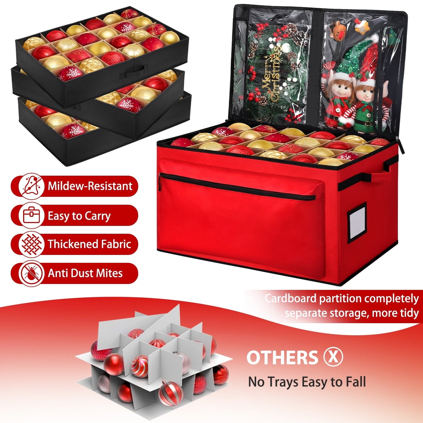 Ayieyill Premium Christmas Ornament Storage Container - Holds Up to 72-4” Ornaments Durable 600D Fabric - Adjustable Dividers - 3 Individual Trays