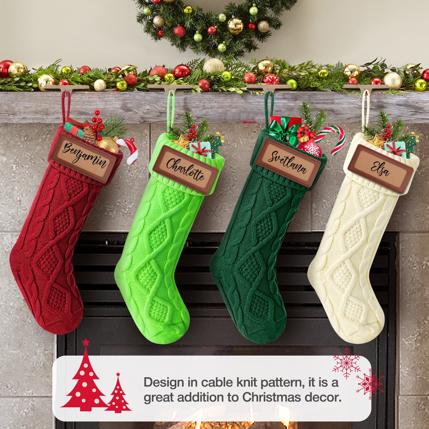 Ayieyill 6Pack Christmas Stockings, 17.7Inches Large Knitted Stocking Personalized Xmas Hanging Stocking Decorations with Name Leather Patches for Holiday Christmas Party Family Decor (Green Red)