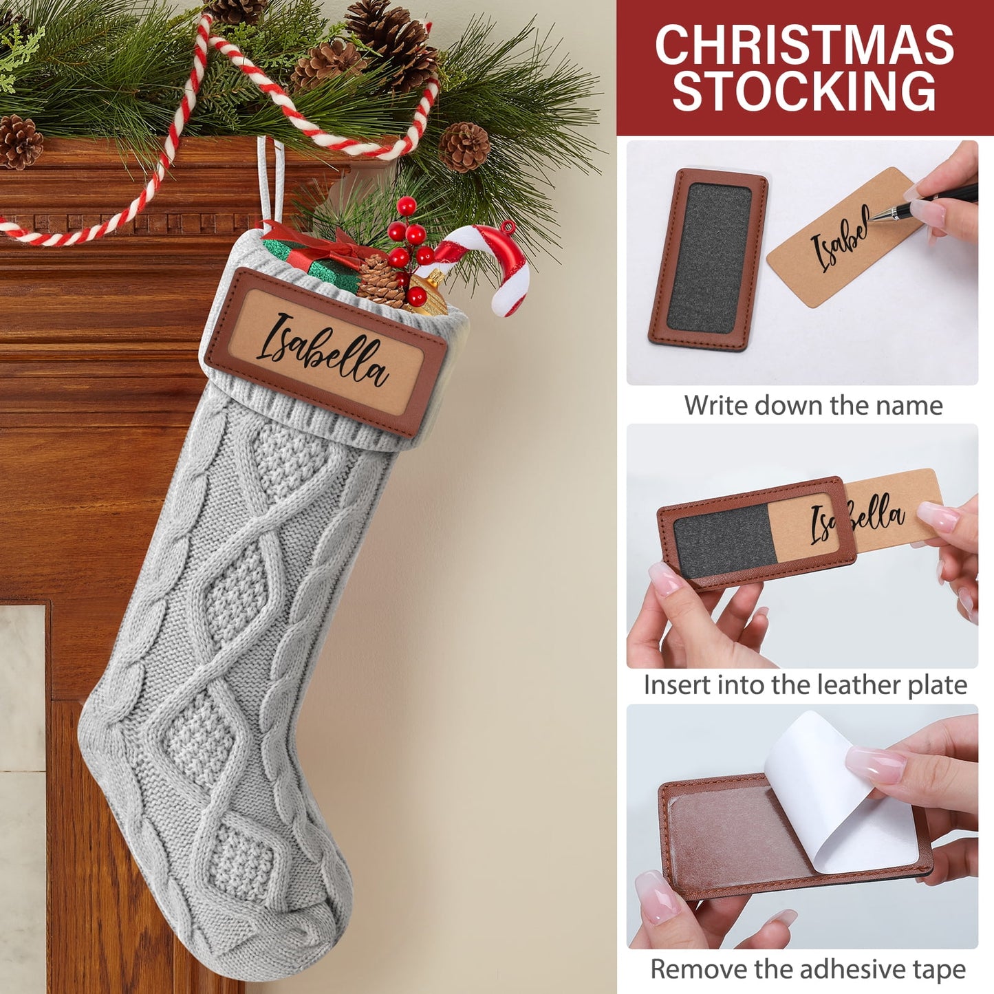 Ayieyill 6Pack Christmas Stockings, 17.7Inches Large Knitted Stocking Personalized Xmas Hanging Stocking Decorations with Name Leather Patches for Holiday Christmas Party Family Decor (Green Red)