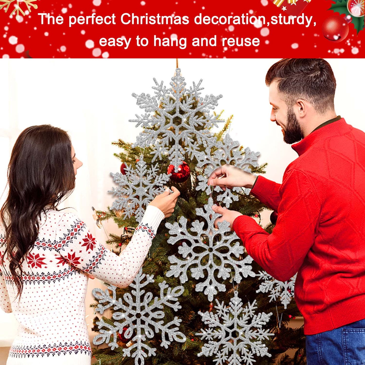 Ayieyill 6pcs Large White Snowflakes Decorations, 12” Big Plastic Glitter Snowflake for Winter Indoor Outdoor Christmas Tree Decorations Giant Craft Snowflakes