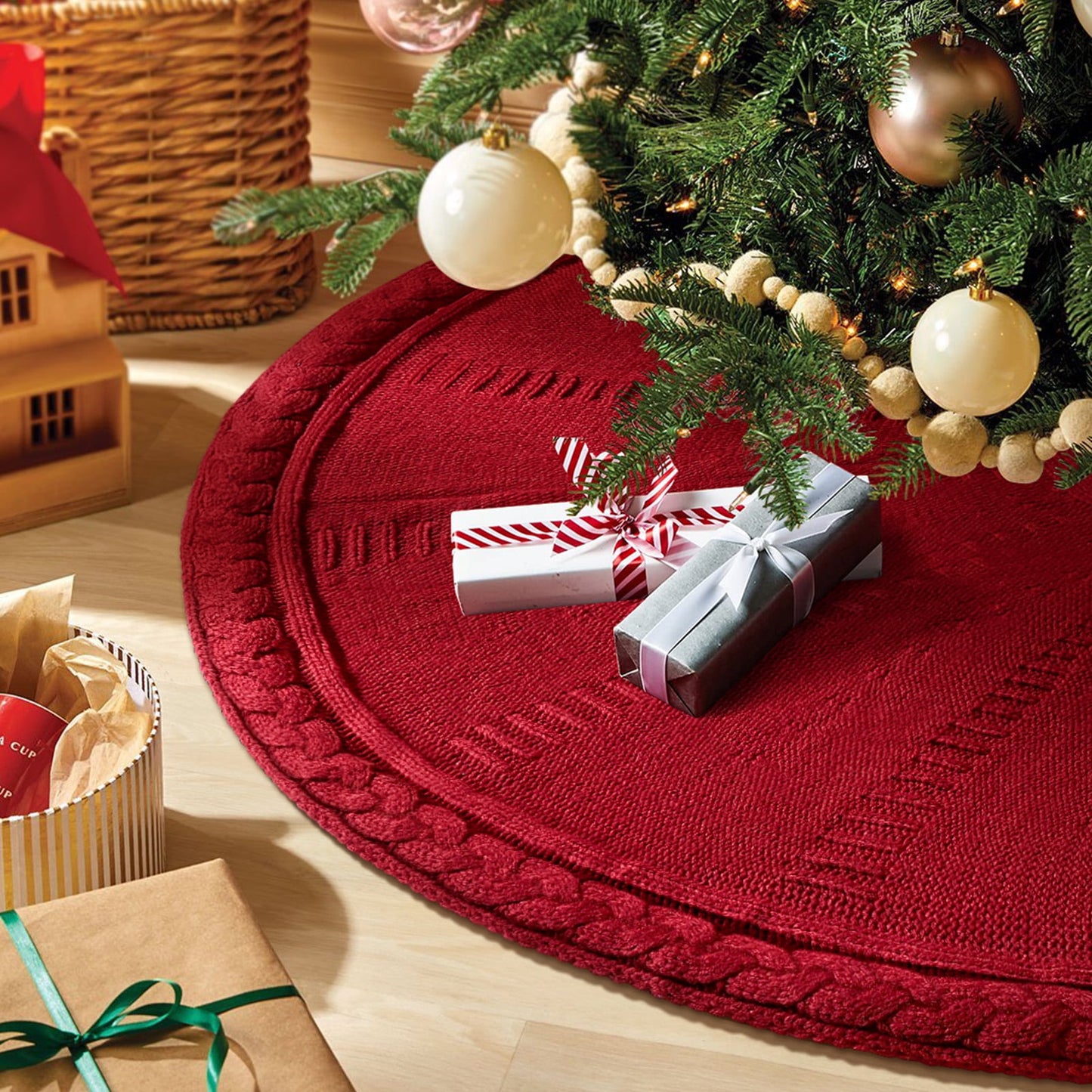 Ayieyill Christmas Tree Skirt, 48 inches White Tree Skirt Luxury Cable Knit Knitted Thick Rustic Xmas Tree Skirt Christmas Decoration, Cream