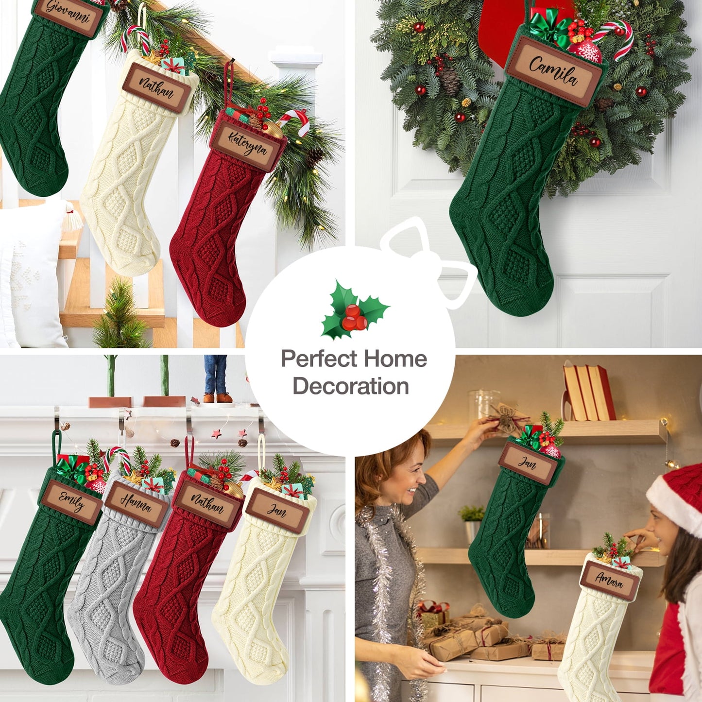 Ayieyill 6Pack Christmas Stockings, 17.7Inches Large Knitted Stocking Personalized Xmas Hanging Stocking Decorations with Name Leather Patches for Holiday Christmas Party Family Decor (Green Red)