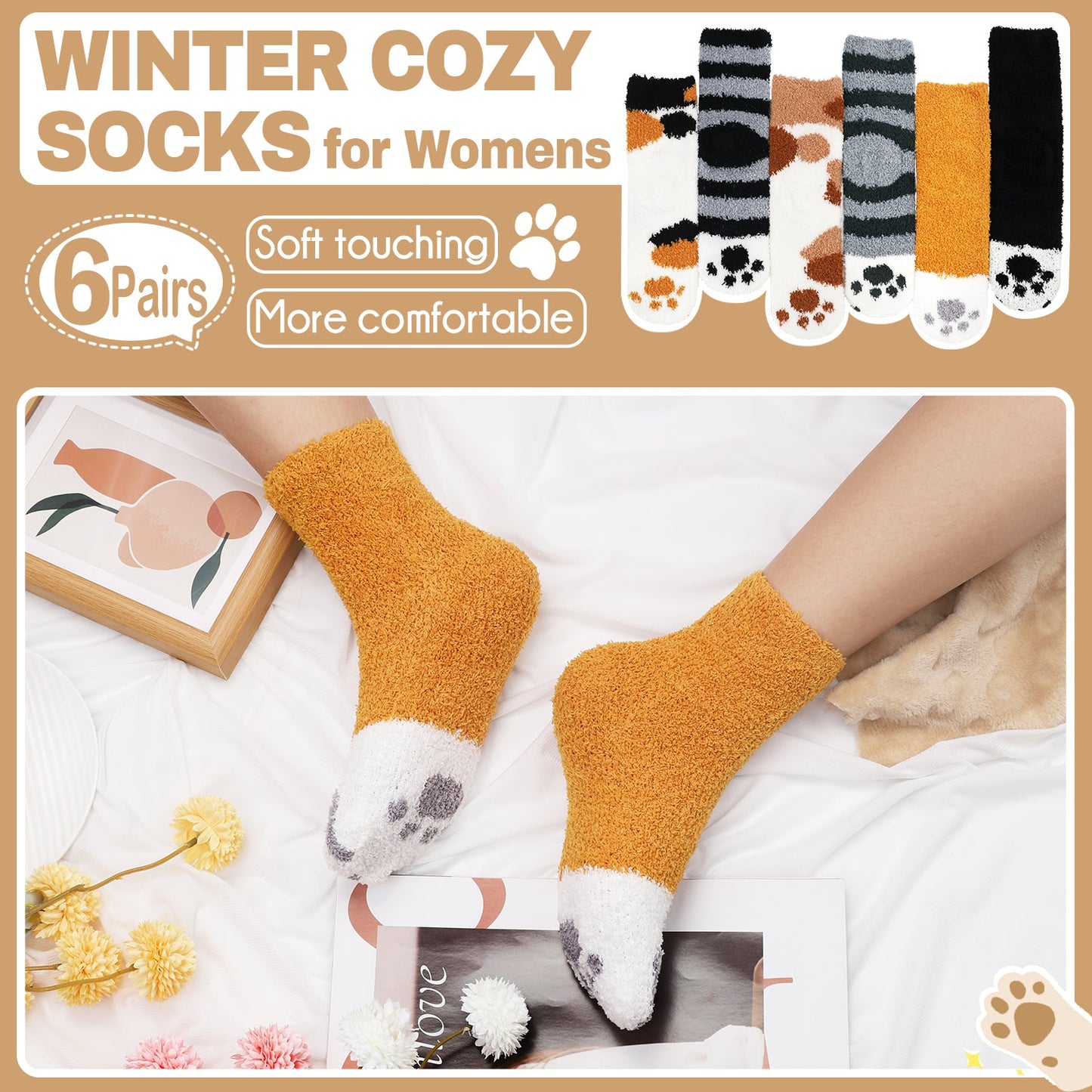 Ayieyill Fuzzy Socks for Women, 6 Pairs Plush Slipper Socks Women, Warm Soft Fluffy Socks Thick Cozy Plush Sock Winter Christmas Socks for Women