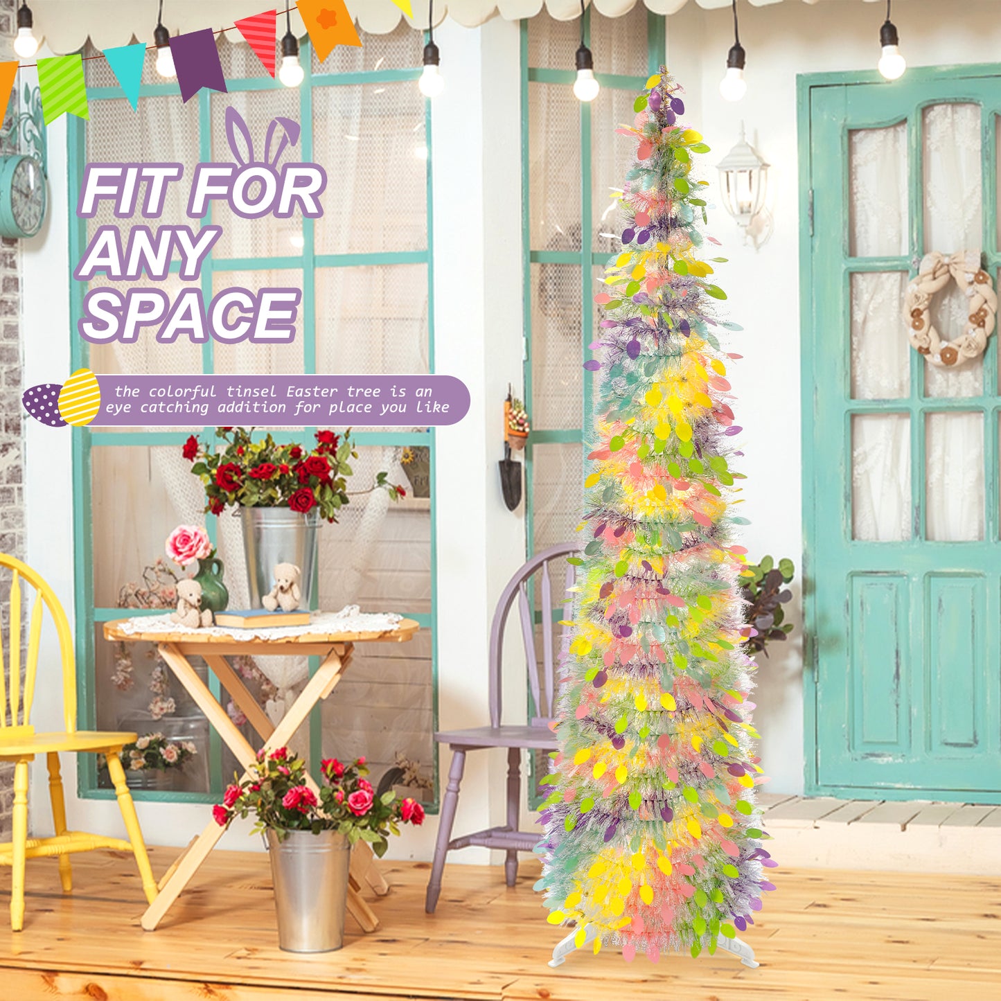 Ayieyill 5 ft Easter Trees Decorations,Tinsel Easter Trees Pop up Artificial Pencil Trees, Collapsible Easter Trees