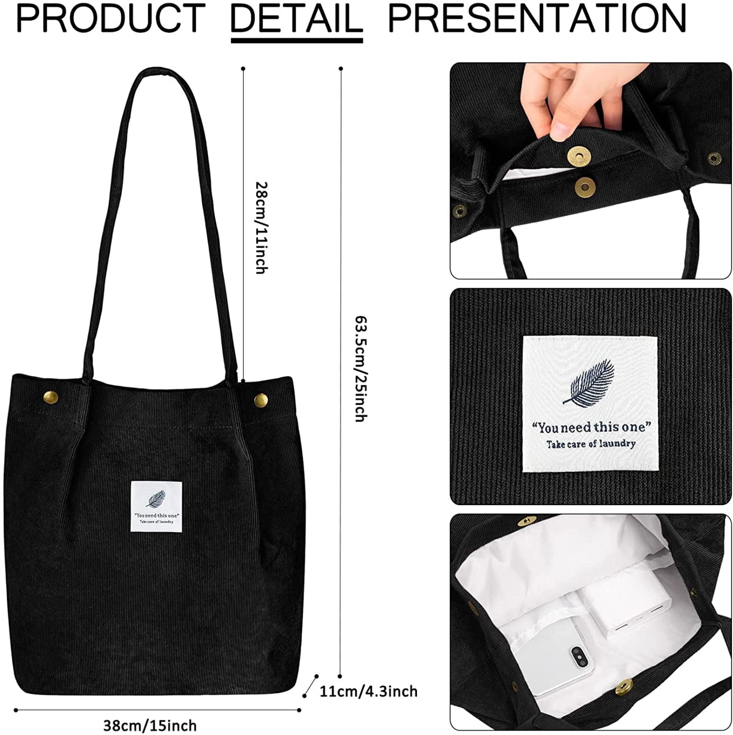 Ayieyill Corduroy Tote Bag Large for Women Girl Lady Canvas Shoulder Cord Purse and Handbags with Inner Pocket