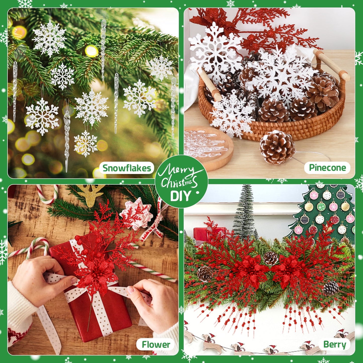 Ayieyill 84Pcs Christmas Tree Decorations Flowers, Artificial Glitter Berry Stems Christmas Pine Cones, Snowflake Icicle Drop Crystal Ornaments