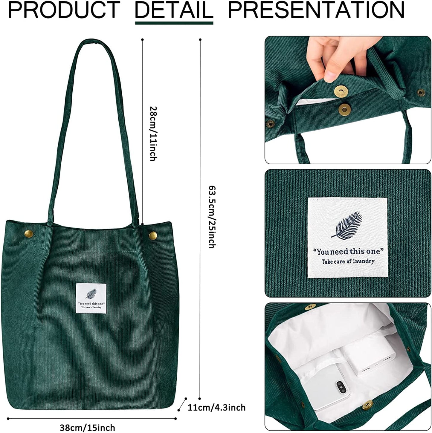 Ayieyill Corduroy Tote Bag Large for Women Girl Lady Canvas Shoulder Cord Purse and Handbags with Inner Pocket