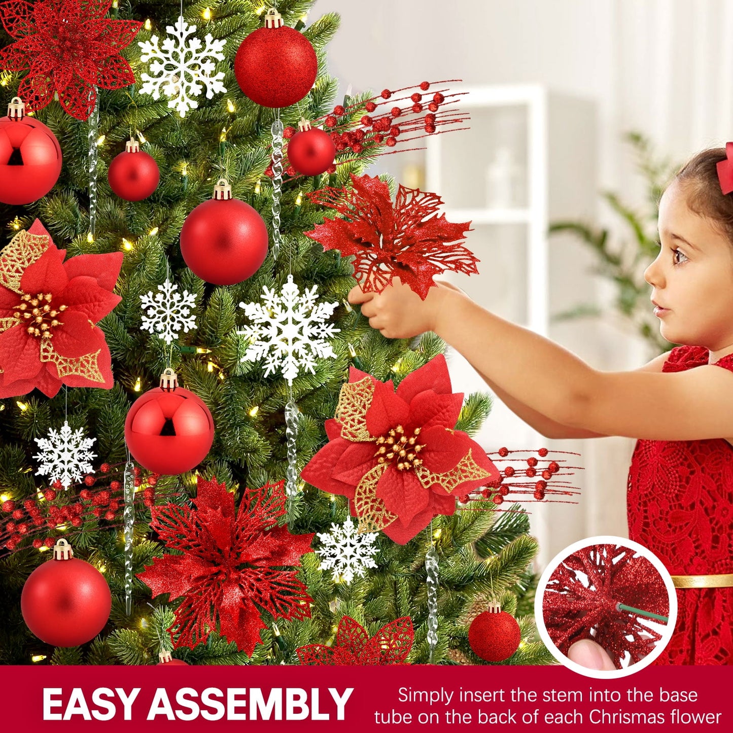 Ayieyill 92Pcs Christmas Tree Decorations Includes Poinsettia Christmas Flowers, Ball Ornaments, Artificial Glitter Berry Stems, Snowflake and Icicle Drop Crystal Ornaments
