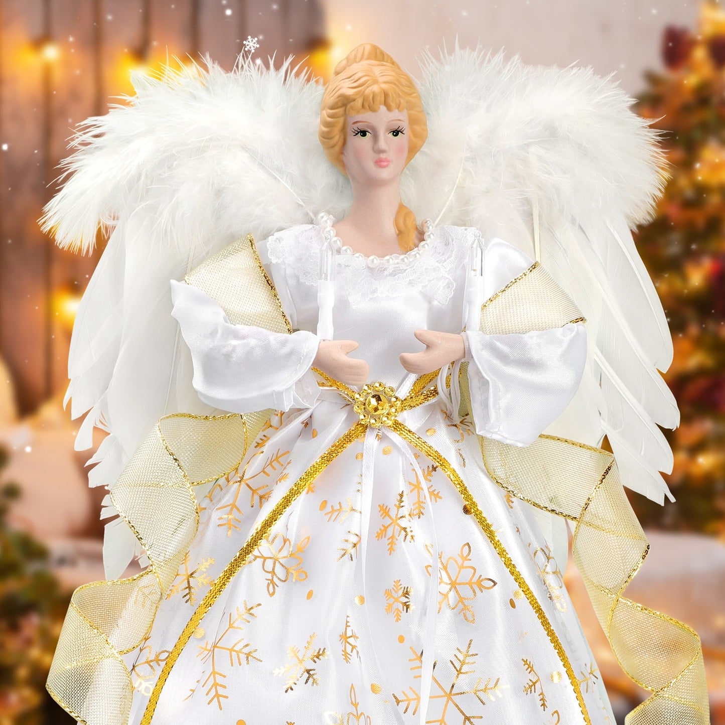 Ayieyill  Angel Treetop, 9-Inch,Lighted Silver Angel with Wings Christmas Tree Topper