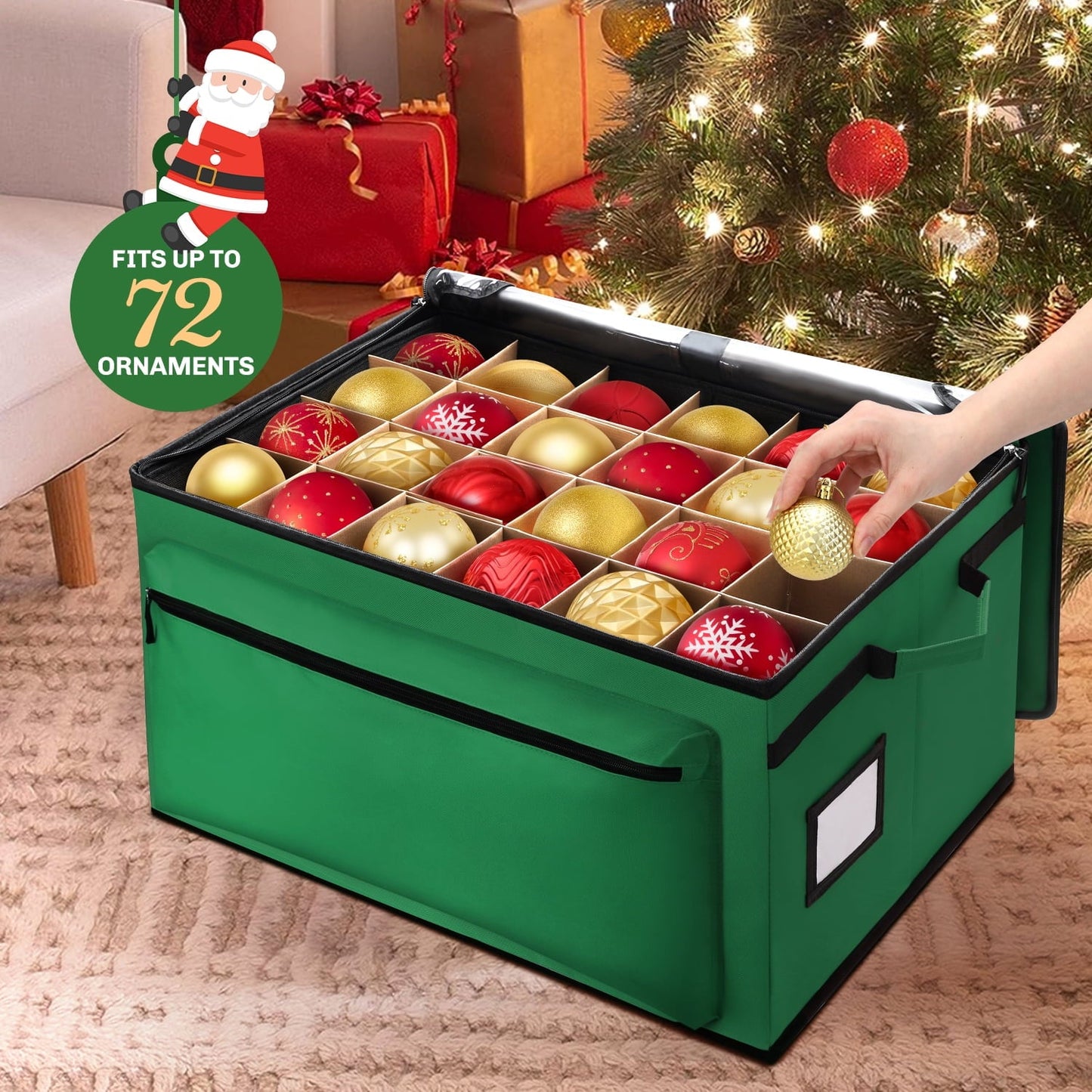 Ayieyill Premium Christmas Ornament Storage Container - Holds Up to 72-4” Ornaments Durable 600D Fabric - Adjustable Dividers - 3 Individual Trays