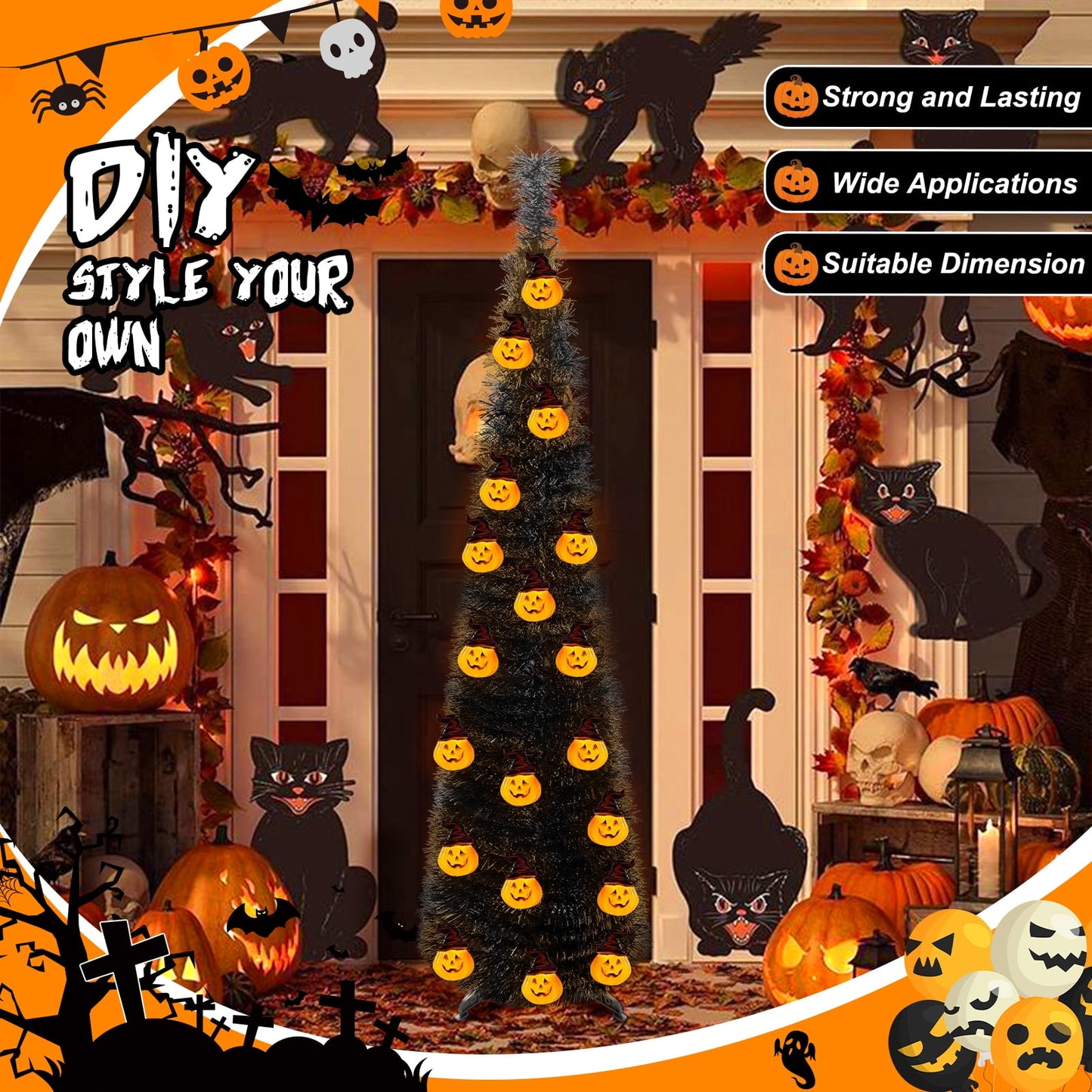 Ayieyill 5ft Halloween Tree Prelit, Pencil Pop up Tree with Light Halloween Decoration | Indoor