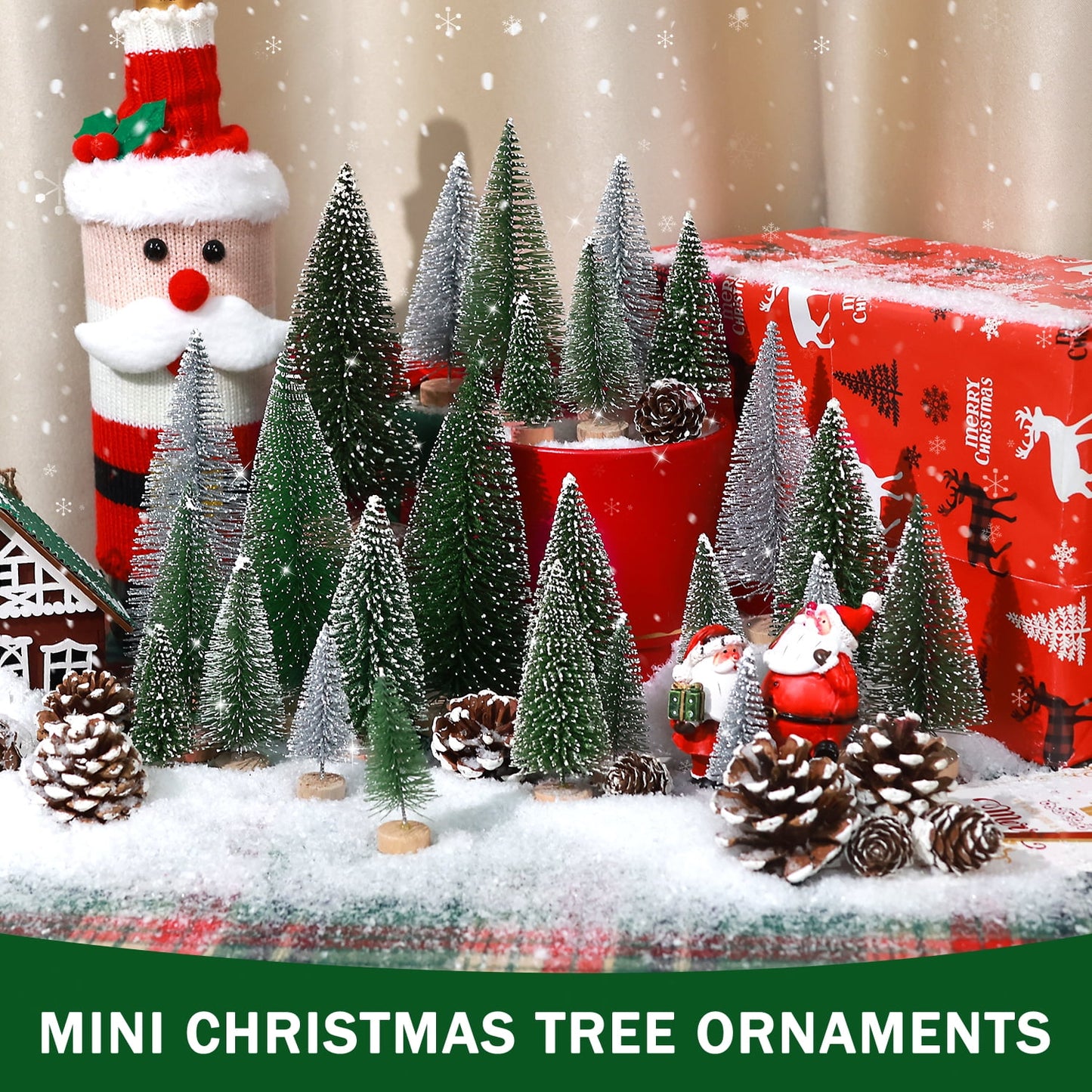 Ayieyill 35Pcs Mini Christmas Trees Bottle Brush Trees with Pine Cone Snow Powder, Christmas Village Sets