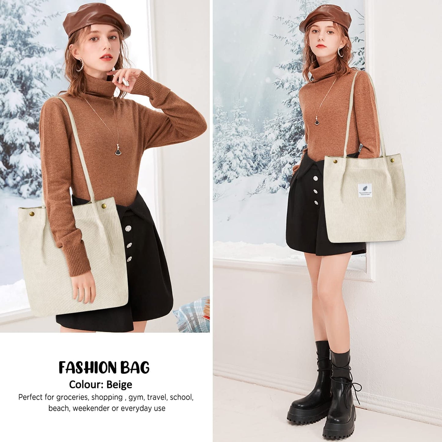 Ayieyill Corduroy Tote Bag Large for Women Girl Lady Canvas Shoulder Cord Purse and Handbags with Inner Pocket