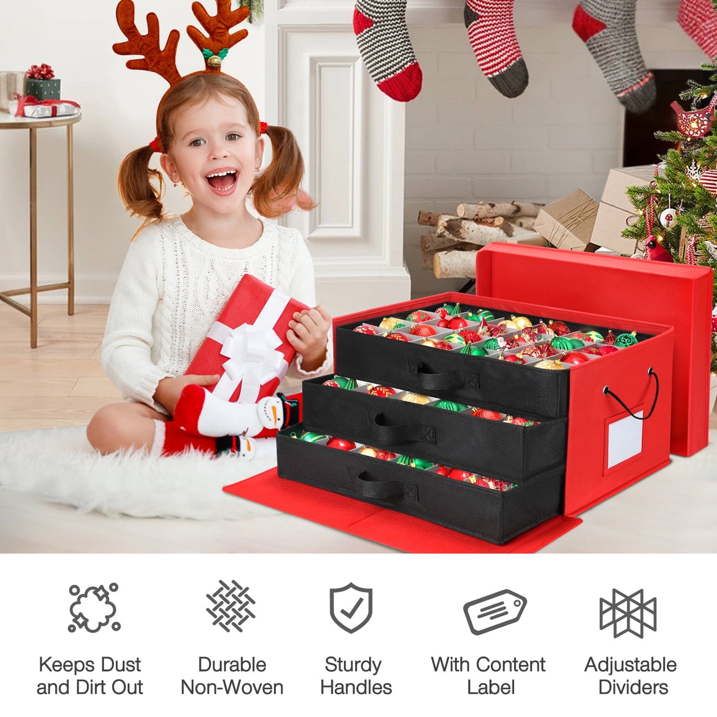 Ayieyill Premium Large Christmas Ornament Storage Box, Christmas Ornament Organizer, with Side Open, 3 Removable Trays - Keeps 72 Holiday Ornaments