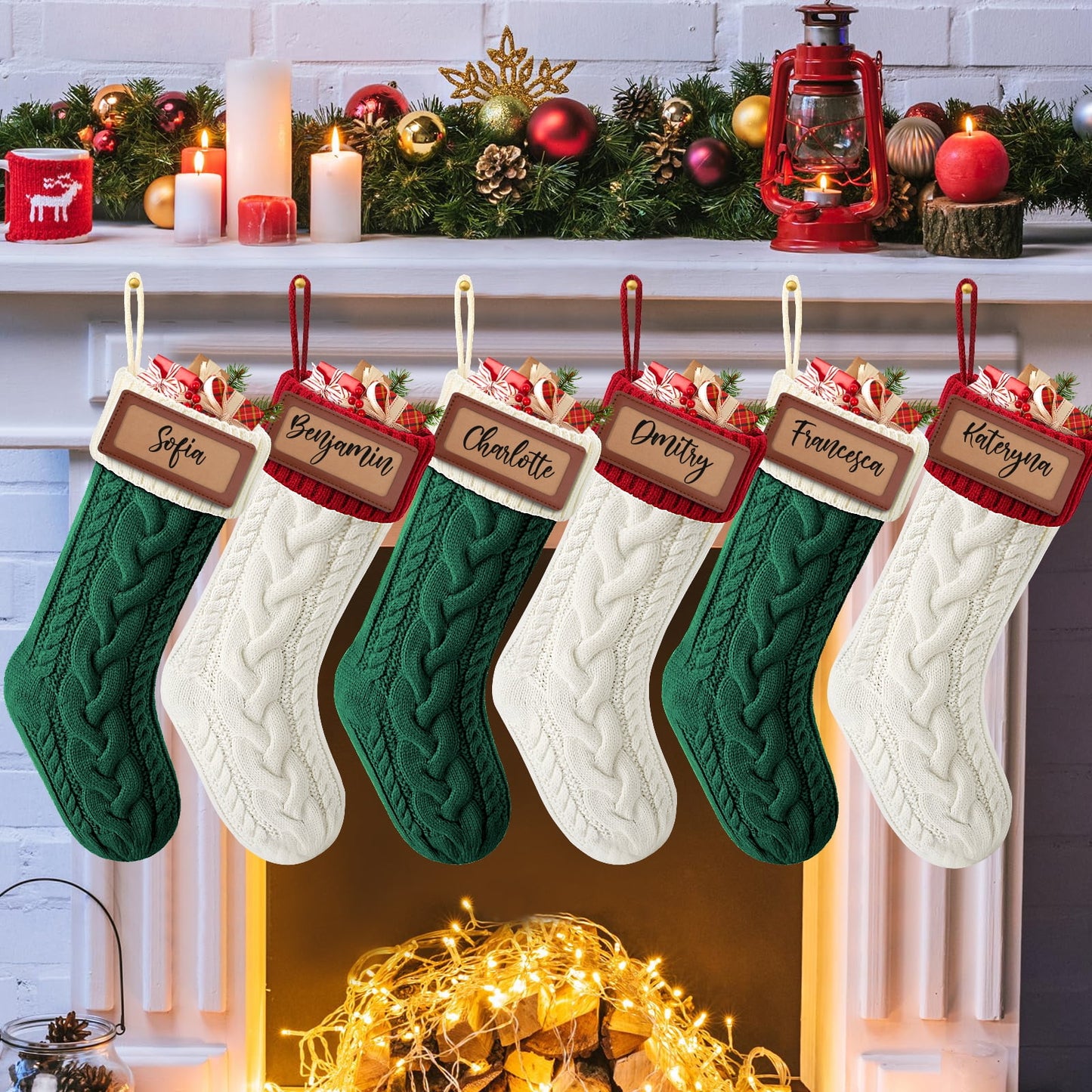 Ayieyill 6Pack Christmas Stockings, 17.7Inches Large Knitted Stocking Personalized Xmas Hanging Stocking Decorations with Name Leather Patches for Holiday Christmas Party Family Decor (Green Red)