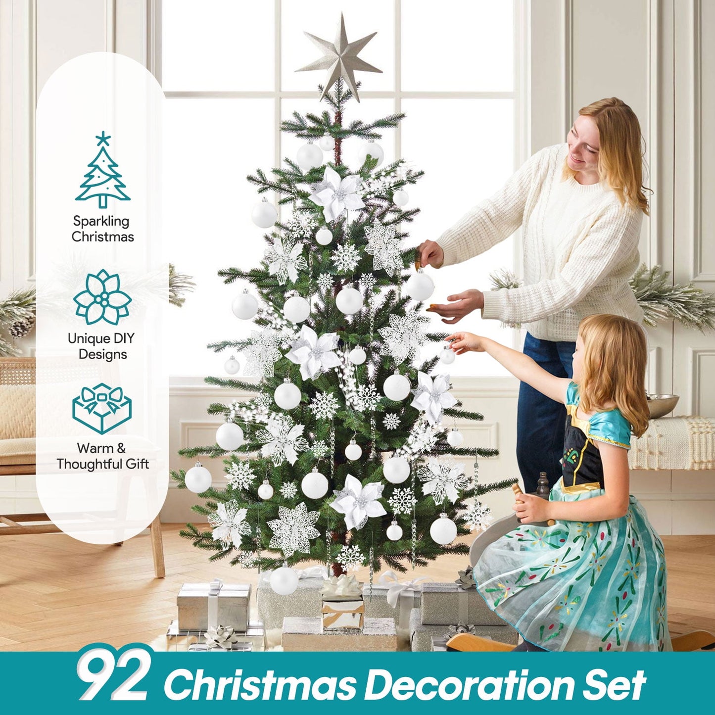 Ayieyill 92Pcs Christmas Tree Decorations Includes Poinsettia Christmas Flowers, Ball Ornaments, Artificial Glitter Berry Stems, Snowflake and Icicle Drop Crystal Ornaments