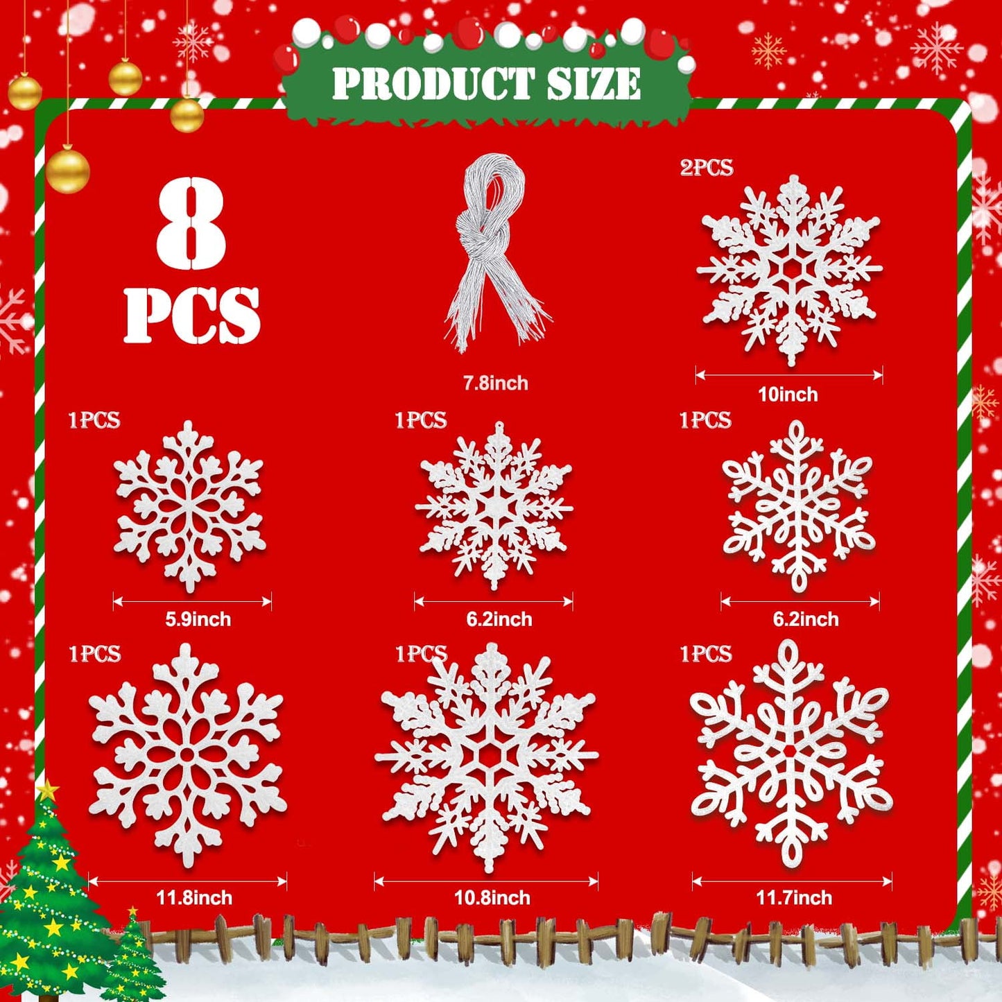 Ayieyill 8Pcs Christmas Snowflakes Large Snowflakes Ornaments - 12'' Glitter Snowflakes Decorations