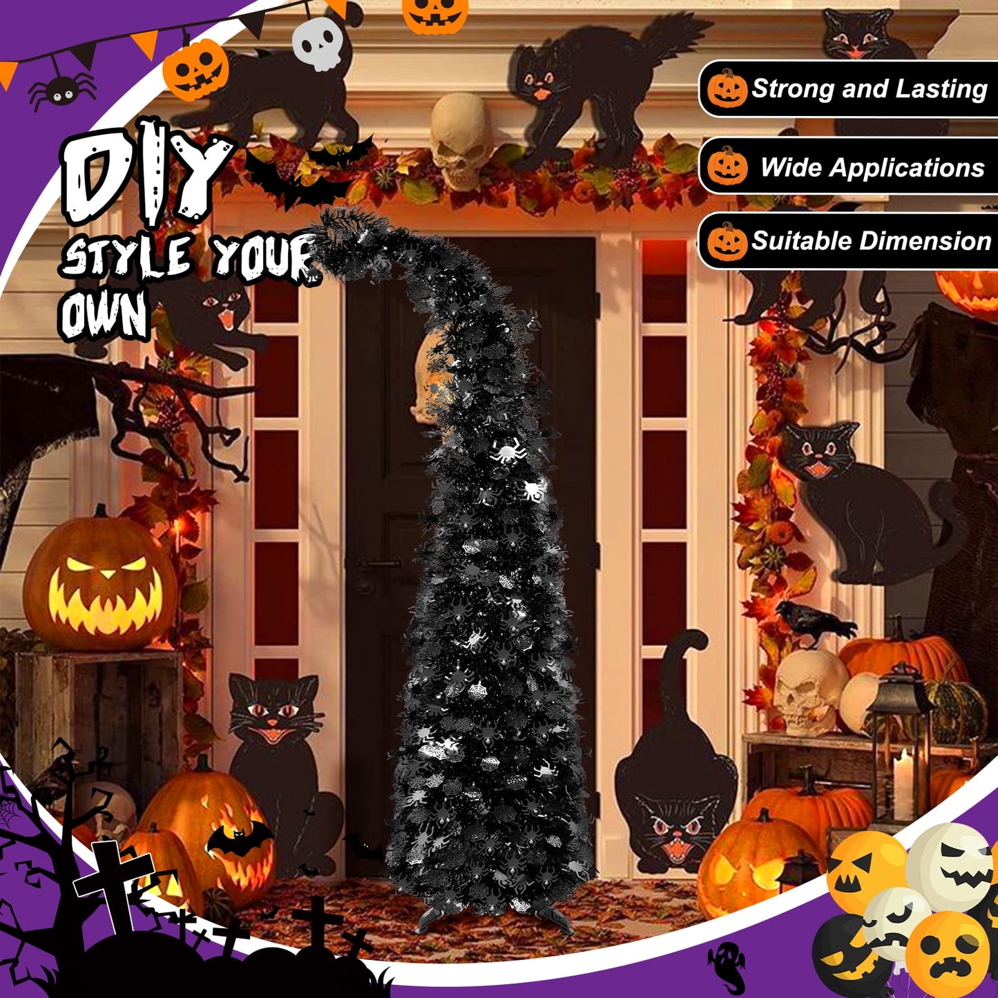Ayieyill 5ft Halloween Tree Prelit, Pencil Pop up Tree with Light Halloween Decoration | Indoor