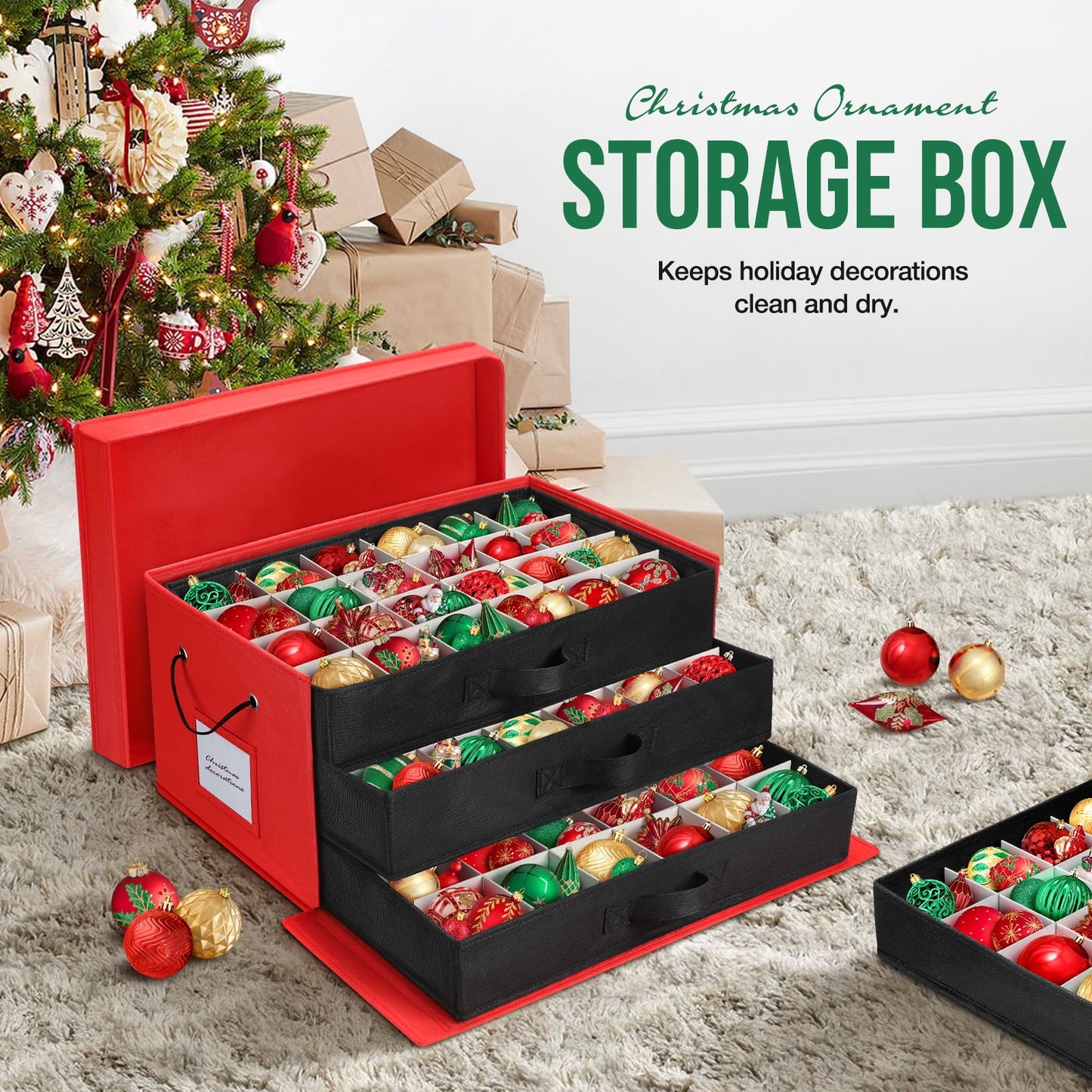 Ayieyill Premium Large Christmas Ornament Storage Box, Christmas Ornament Organizer, with Side Open, 3 Removable Trays - Keeps 72 Holiday Ornaments