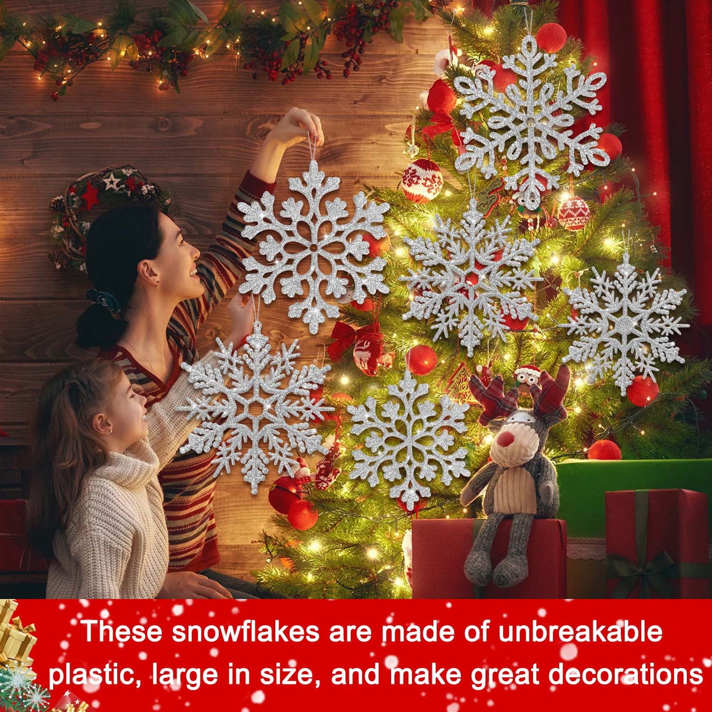 Ayieyill 6pcs Large White Snowflakes Decorations, 12” Big Plastic Glitter Snowflake for Winter Indoor Outdoor Christmas Tree Decorations Giant Craft Snowflakes