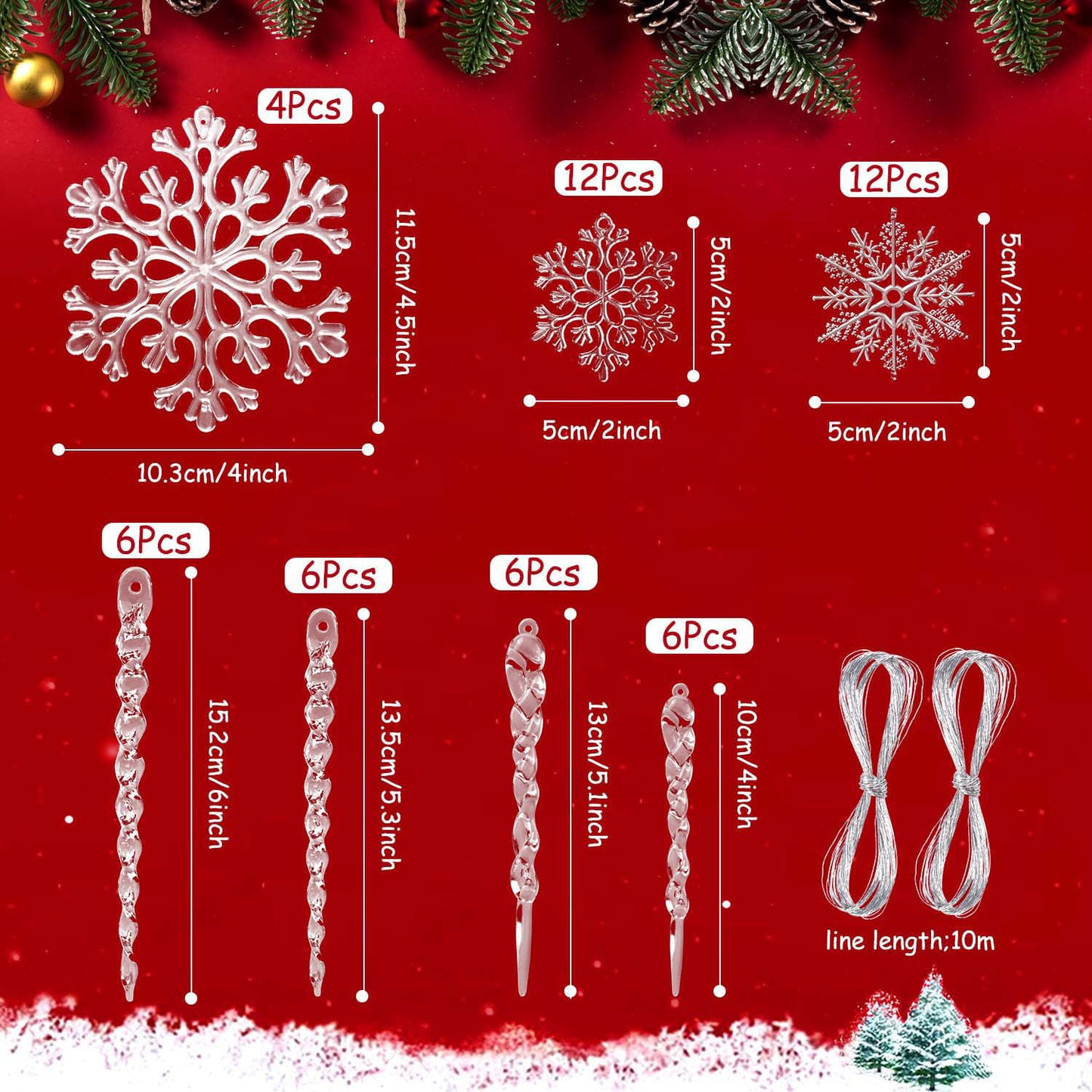 Ayieyill 24 Pieces Christmas Snowflake Drop Ornament Acrylic Icicle Christmas Hanging