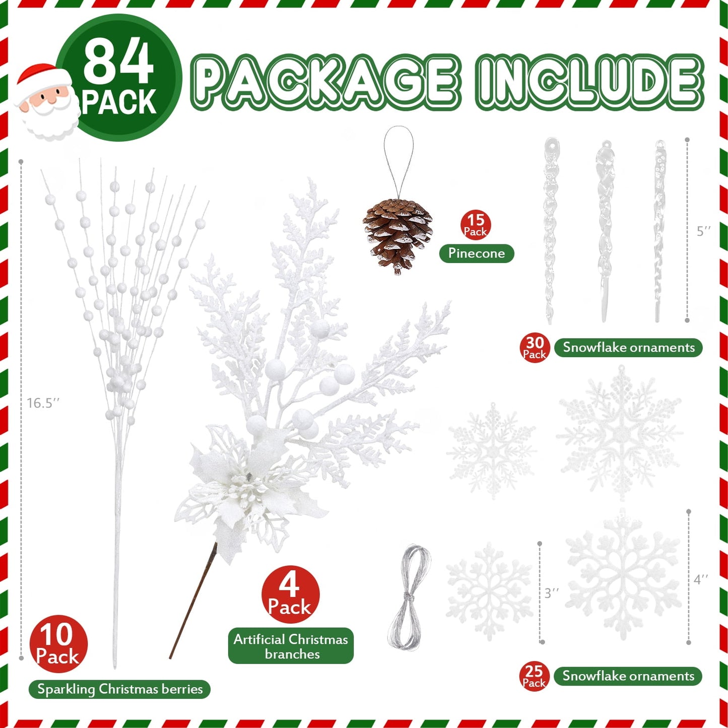 Ayieyill 84Pcs Christmas Tree Decorations Flowers, Artificial Glitter Berry Stems Christmas Pine Cones, Snowflake Icicle Drop Crystal Ornaments