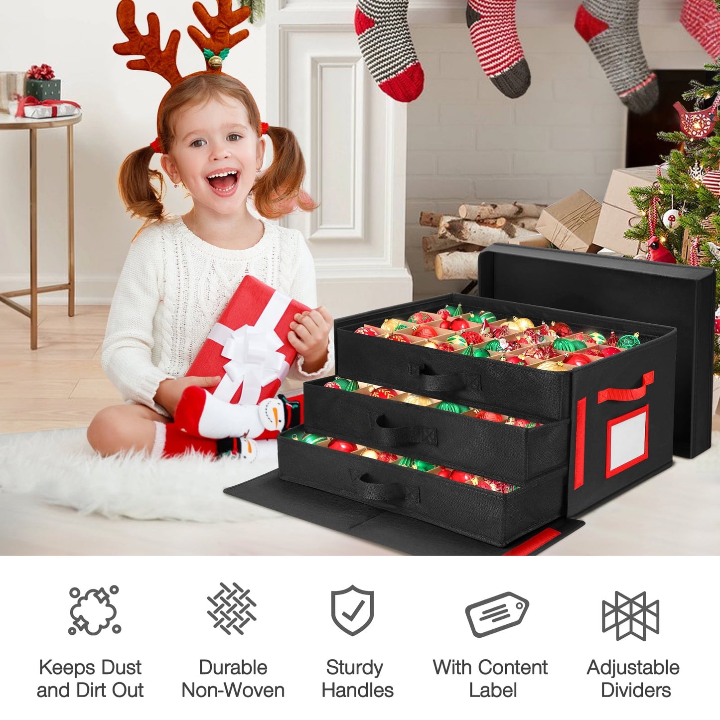 Ayieyill Premium Large Christmas Ornament Storage Box, Christmas Ornament Organizer, with Side Open, 3 Removable Trays - Keeps 72 Holiday Ornaments