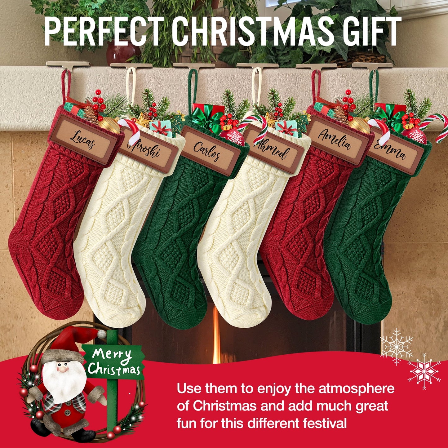 Ayieyill 6Pack Christmas Stockings, 17.7Inches Large Knitted Stocking Personalized Xmas Hanging Stocking Decorations with Name Leather Patches for Holiday Christmas Party Family Decor (Green Red)