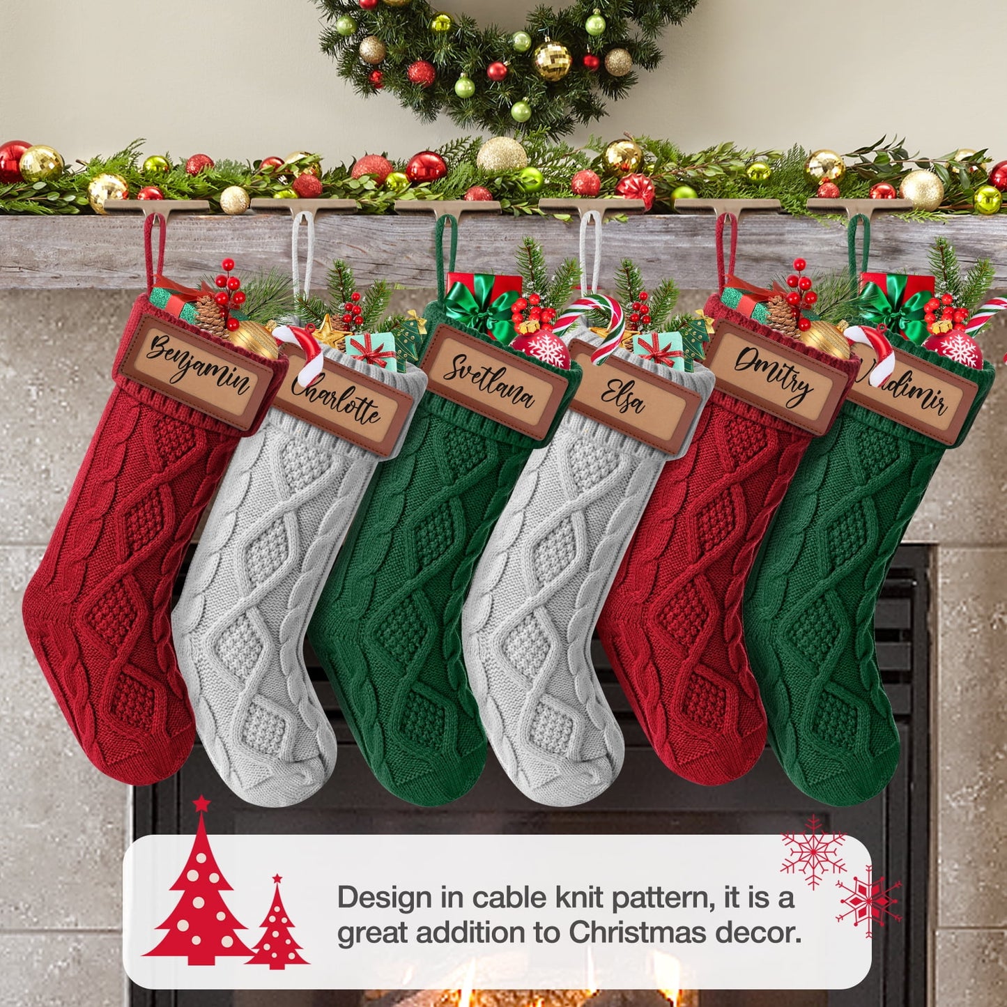 Ayieyill 6Pack Christmas Stockings, 17.7Inches Large Knitted Stocking Personalized Xmas Hanging Stocking Decorations with Name Leather Patches for Holiday Christmas Party Family Decor (Green Red)