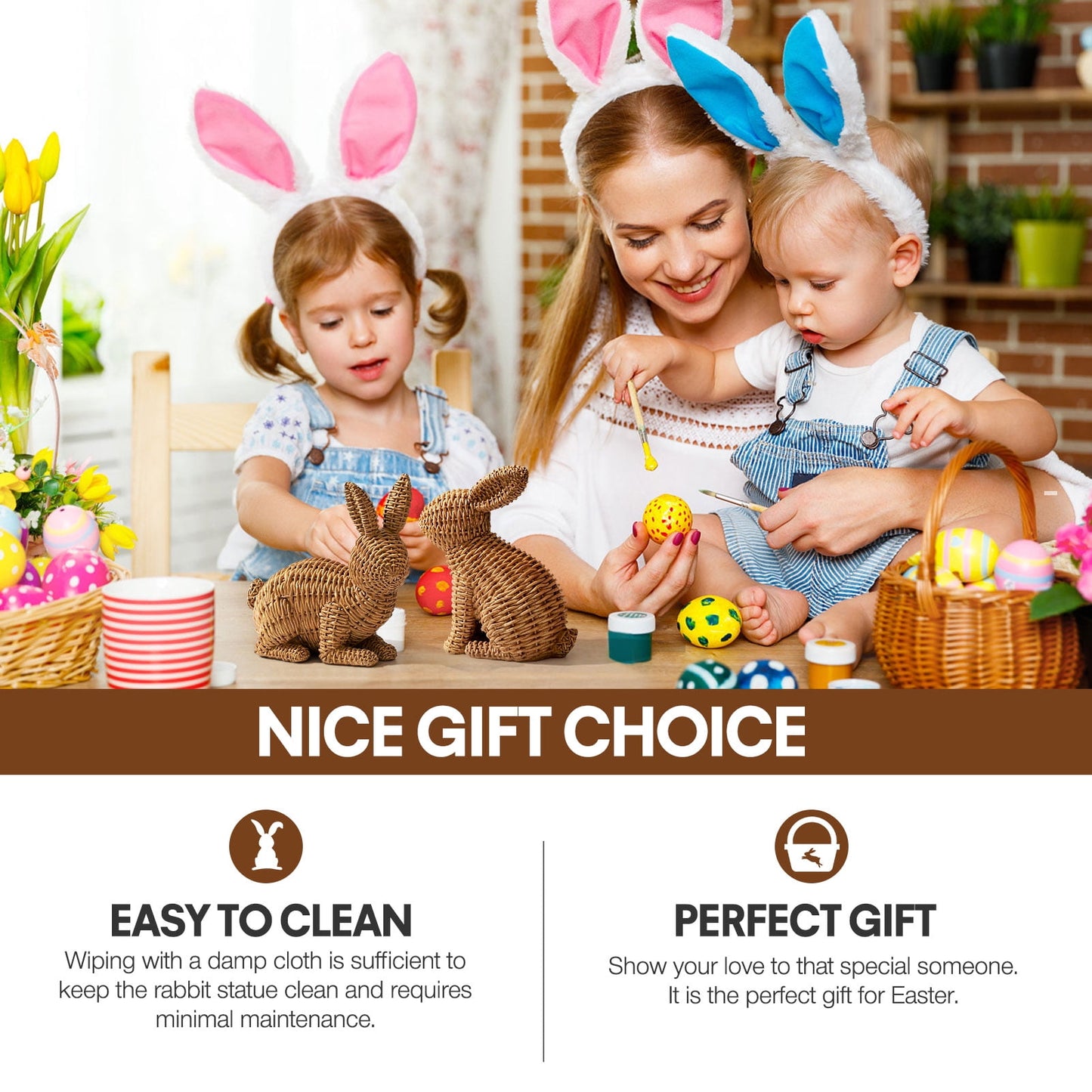 Ayieyill 2 Pcs Easter Rabbit Decor, Easter Rattan Bunny Resin Ornaments for Home Courtyard Tabletop to Enhance The Easter Atmosphere