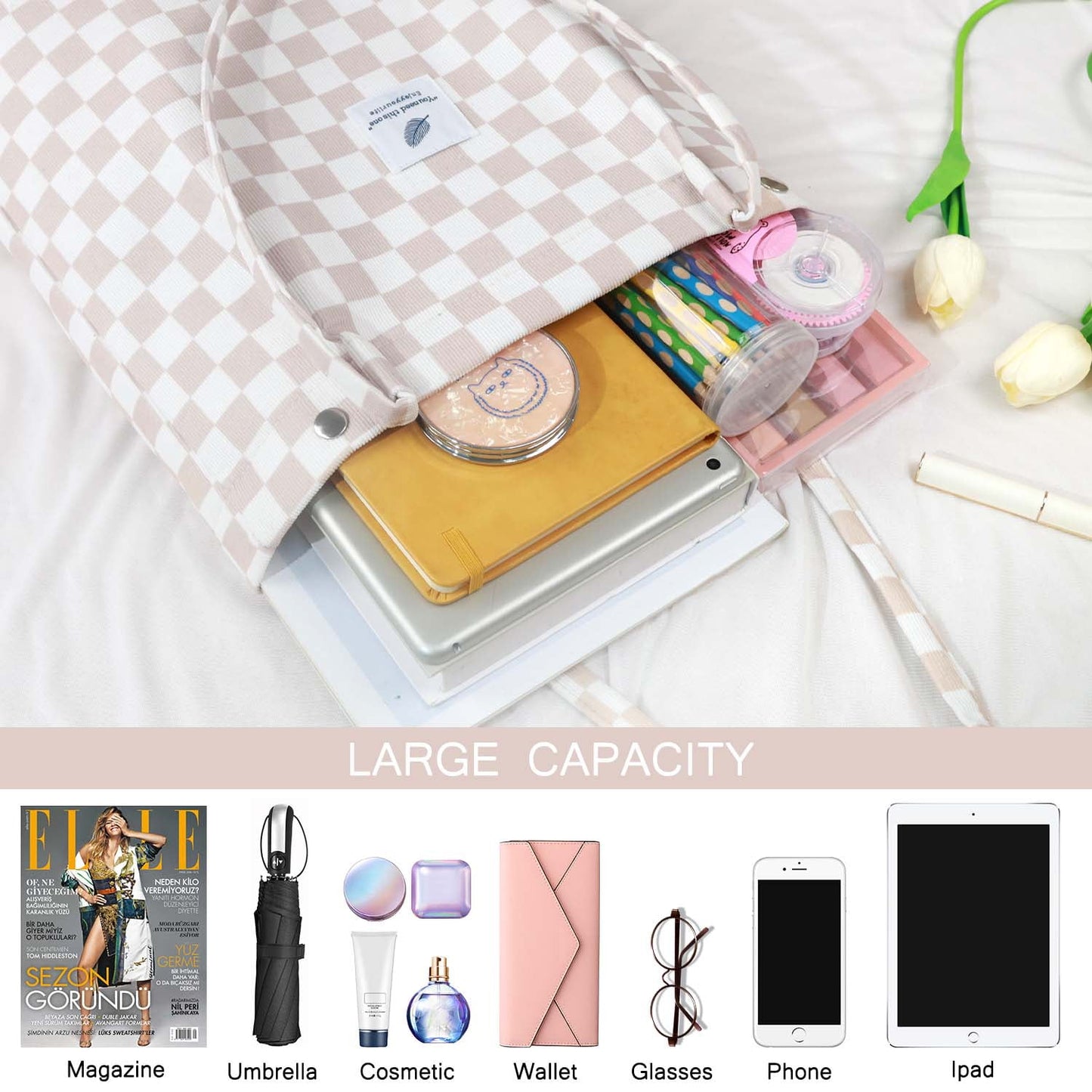 Ayieyill Corduroy Tote Bag Large for Women Girl Lady Canvas Shoulder Cord Purse and Handbags with Inner Pocket